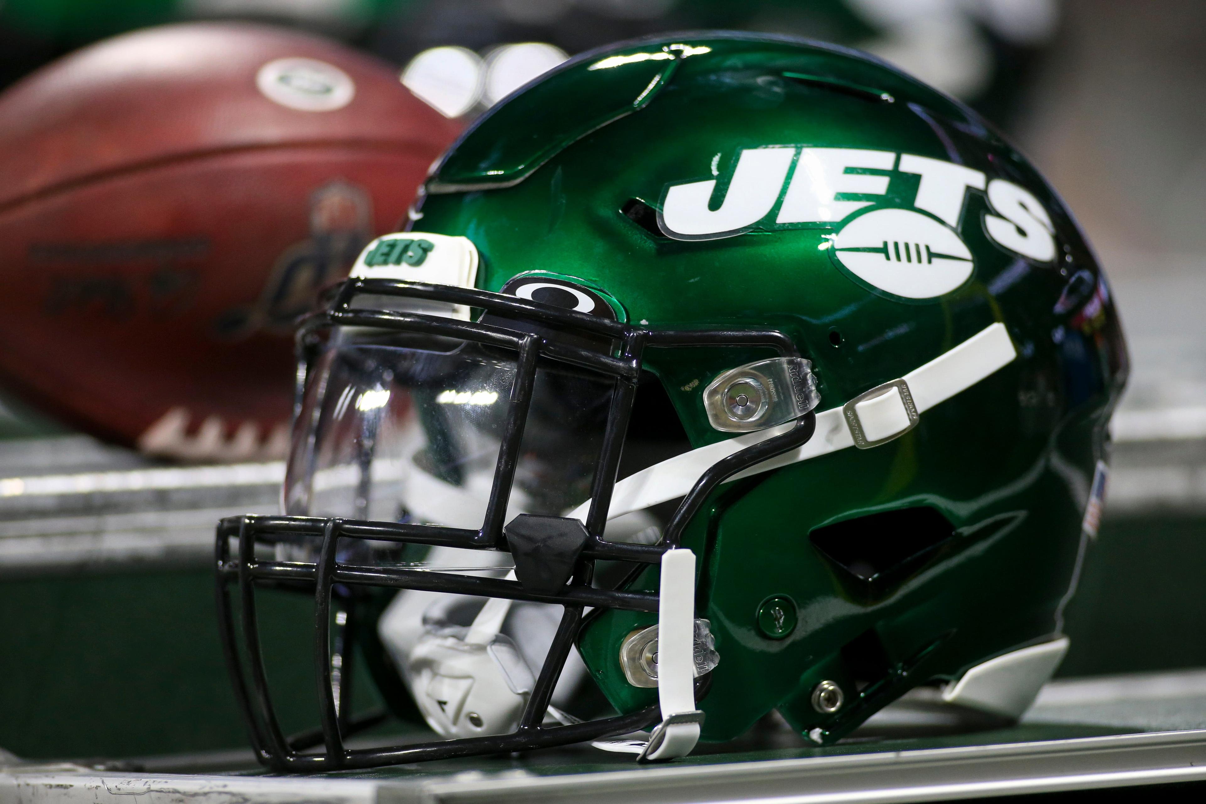 Aug 15, 2019; Atlanta, GA, USA; New York Jets helmet on the sideline against the Atlanta Falcons in the second half at Mercedes-Benz Stadium. / Brett Davis/USA TODAY Sports