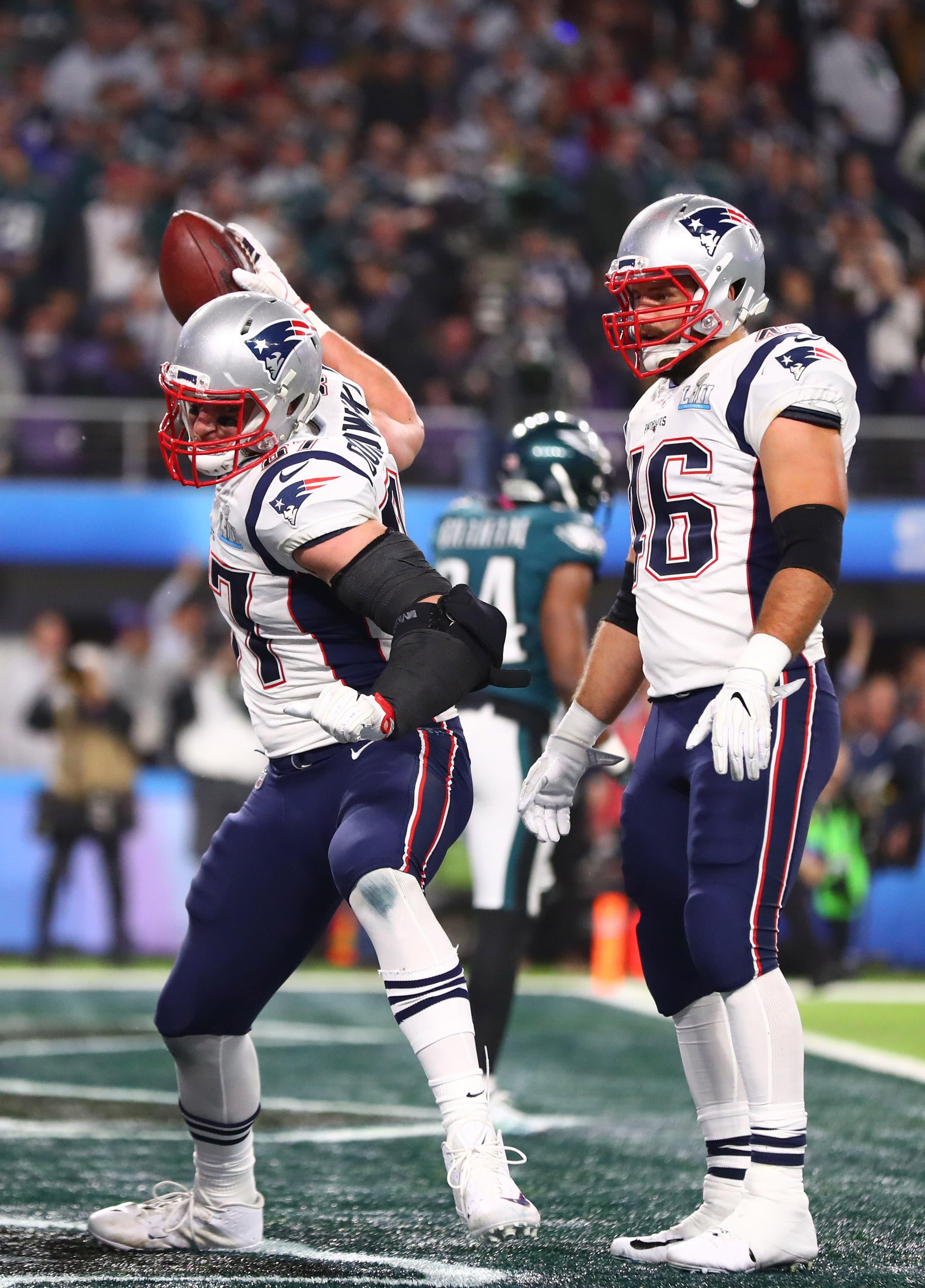 New England Patriots tight end Rob Gronkowski spikes the ball after a touchdown against the Philadelphia Eagles in the third quarter in Super Bowl LII at U.S. Bank Stadium. / Mark J. Rebilas/USA TODAY Sports