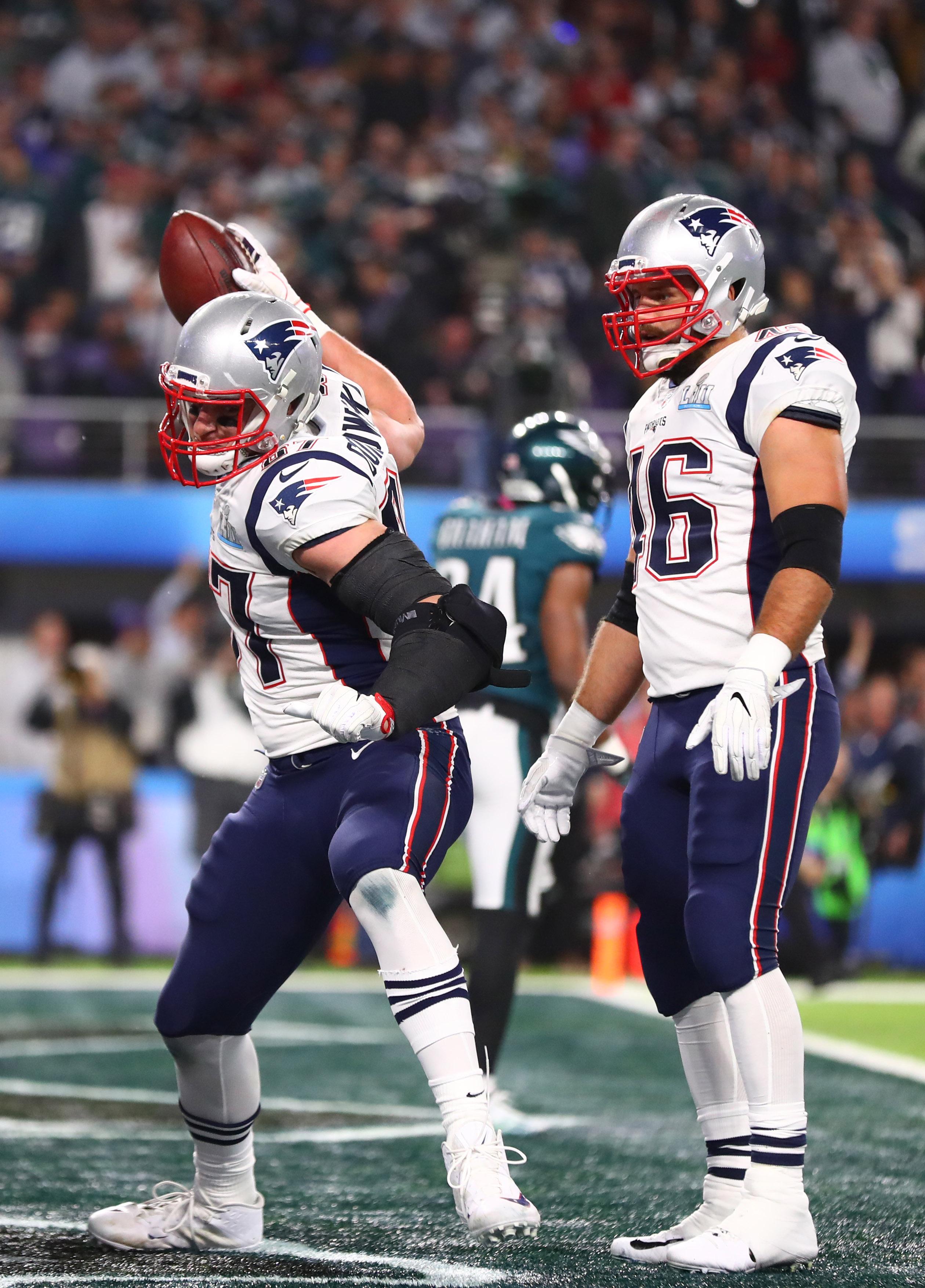 New England Patriots tight end Rob Gronkowski spikes the ball after a touchdown against the Philadelphia Eagles in the third quarter in Super Bowl LII at U.S. Bank Stadium.