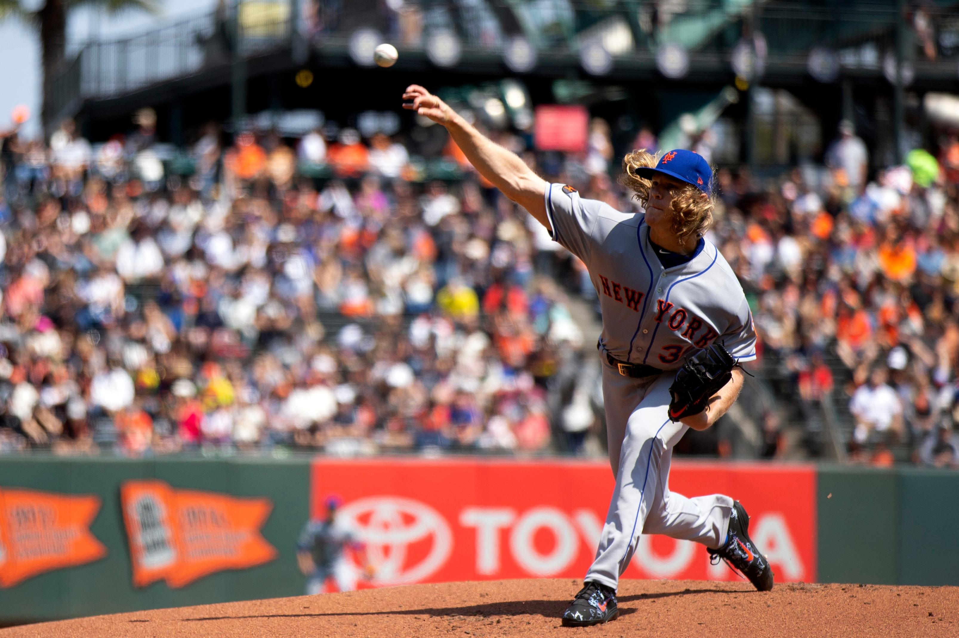 New York Mets starting pitcher Noah Syndergaard delivers against the San Francisco Giants during the first inning of a Major League Baseball game at AT&T Park.