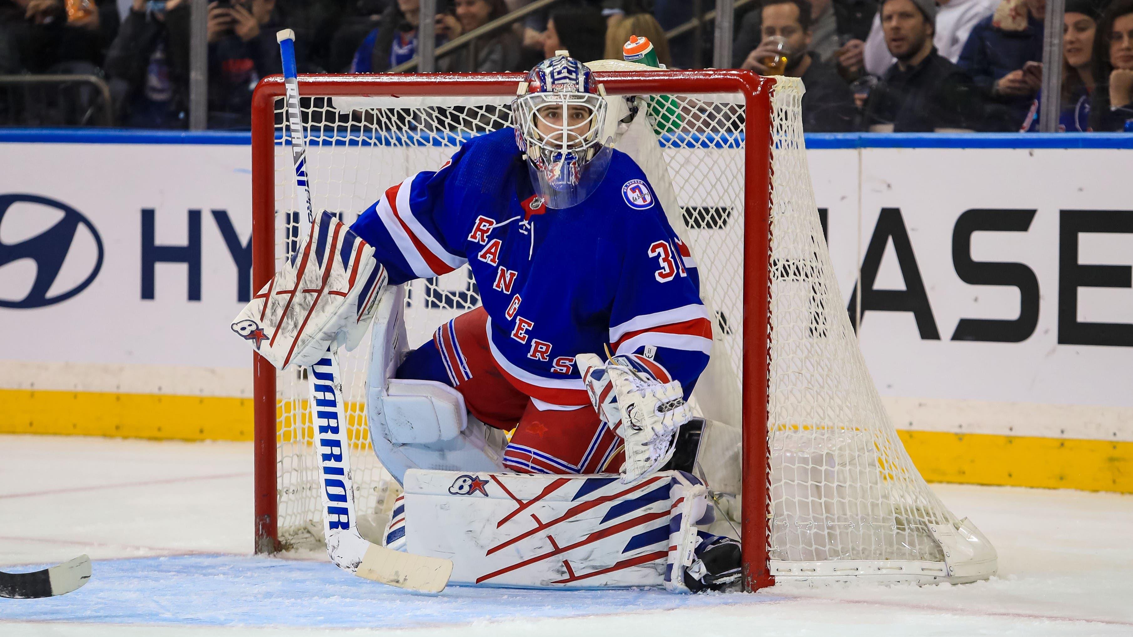 Dec 3, 2021; New York, New York, USA; New York Rangers goaltender Igor Shesterkin (31) keeps his eyes on the puck against the San Jose Sharks during the second period at Madison Square Garden. Mandatory Credit: Danny Wild-USA TODAY Sports / Danny Wild-USA TODAY Sports