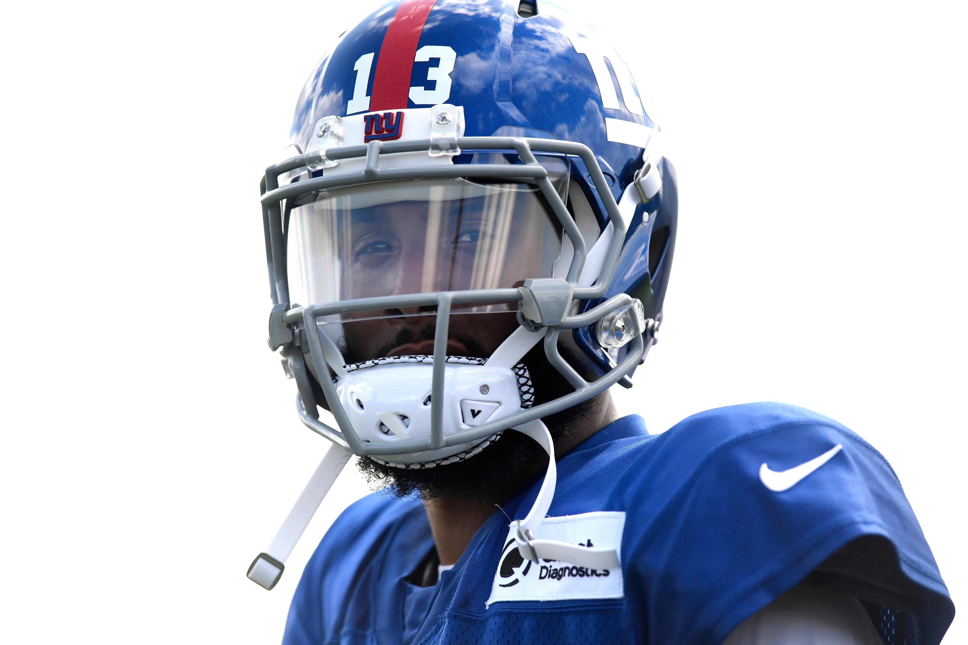 Aug 1, 2018; East Rutherford, NJ, USA; New York Giants wide receiver Odell Beckham Jr. looks on during training camp in East Rutherford. Mandatory Credit: Danielle Parhizkaran/NorthJersey.com via USA TODAY NETWORK / Danielle Parhizkaran