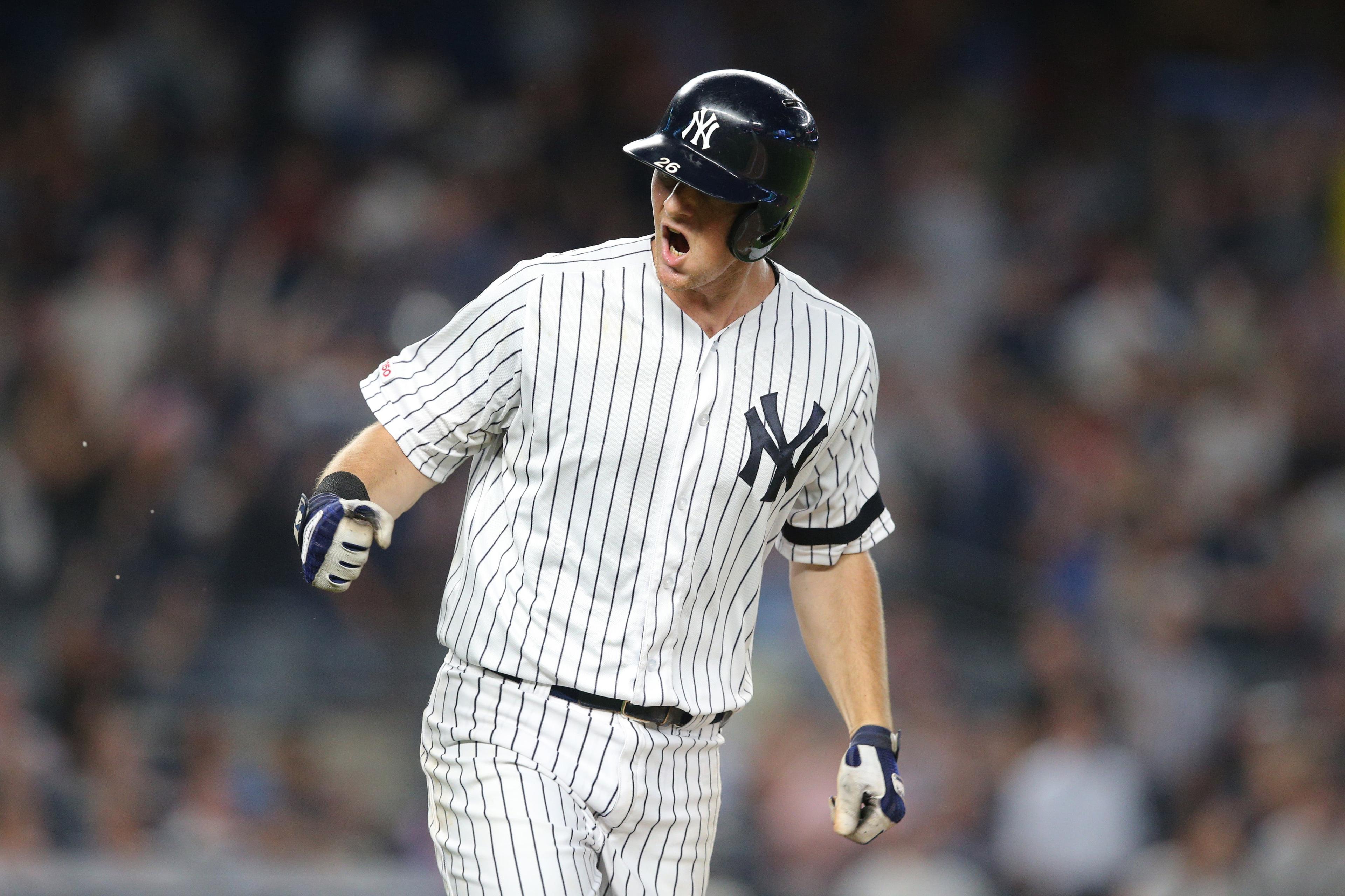 Jul 16, 2019; Bronx, NY, USA; New York Yankees third baseman DJ LeMahieu (26) reacts after hitting a solo home run against the Tampa Bay Rays during the sixth inning at Yankee Stadium. Mandatory Credit: Brad Penner-USA TODAY Sports / Brad Penner