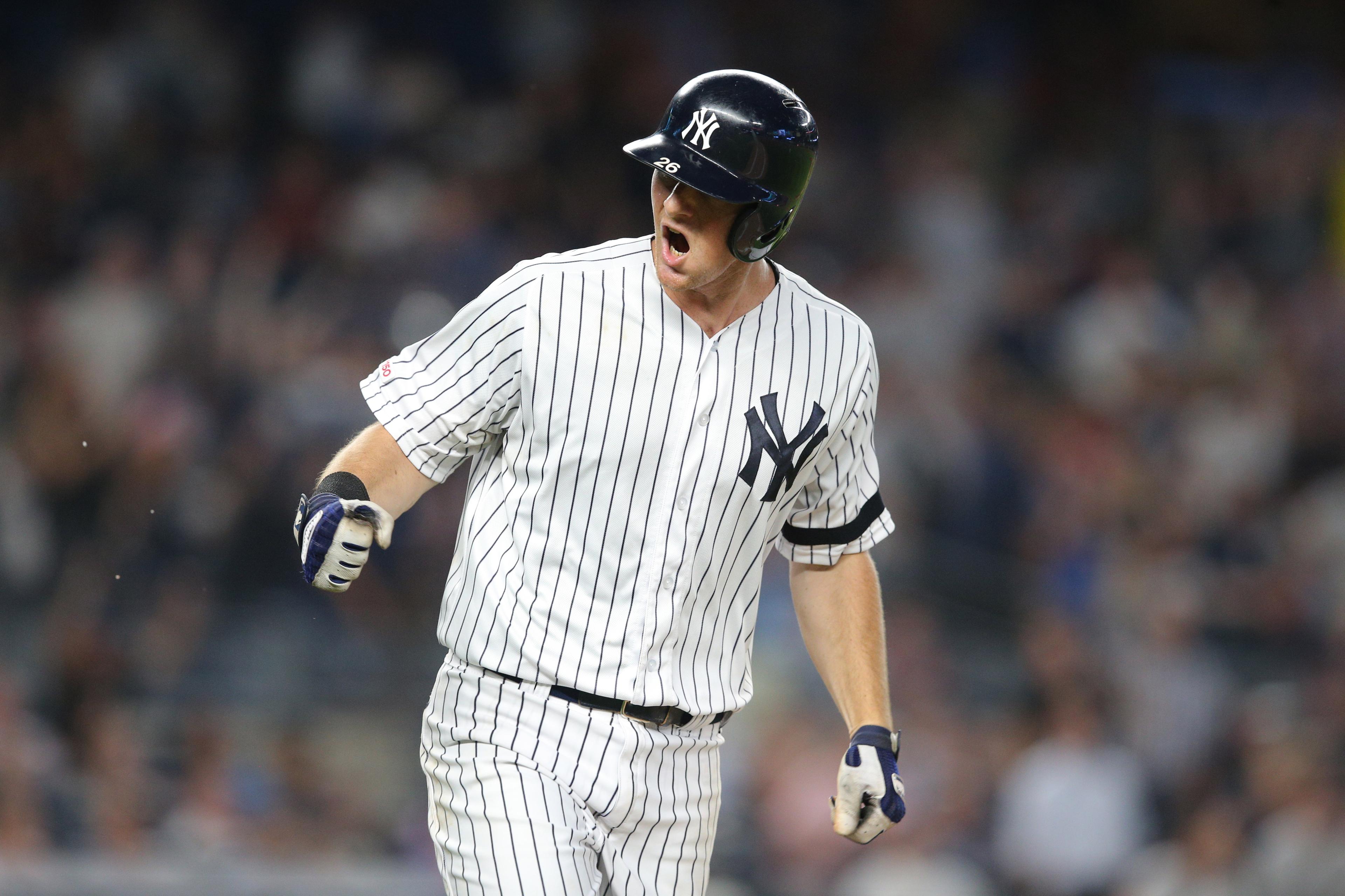 Jul 16, 2019; Bronx, NY, USA; New York Yankees third baseman DJ LeMahieu (26) reacts after hitting a solo home run against the Tampa Bay Rays during the sixth inning at Yankee Stadium. Mandatory Credit: Brad Penner-USA TODAY Sports