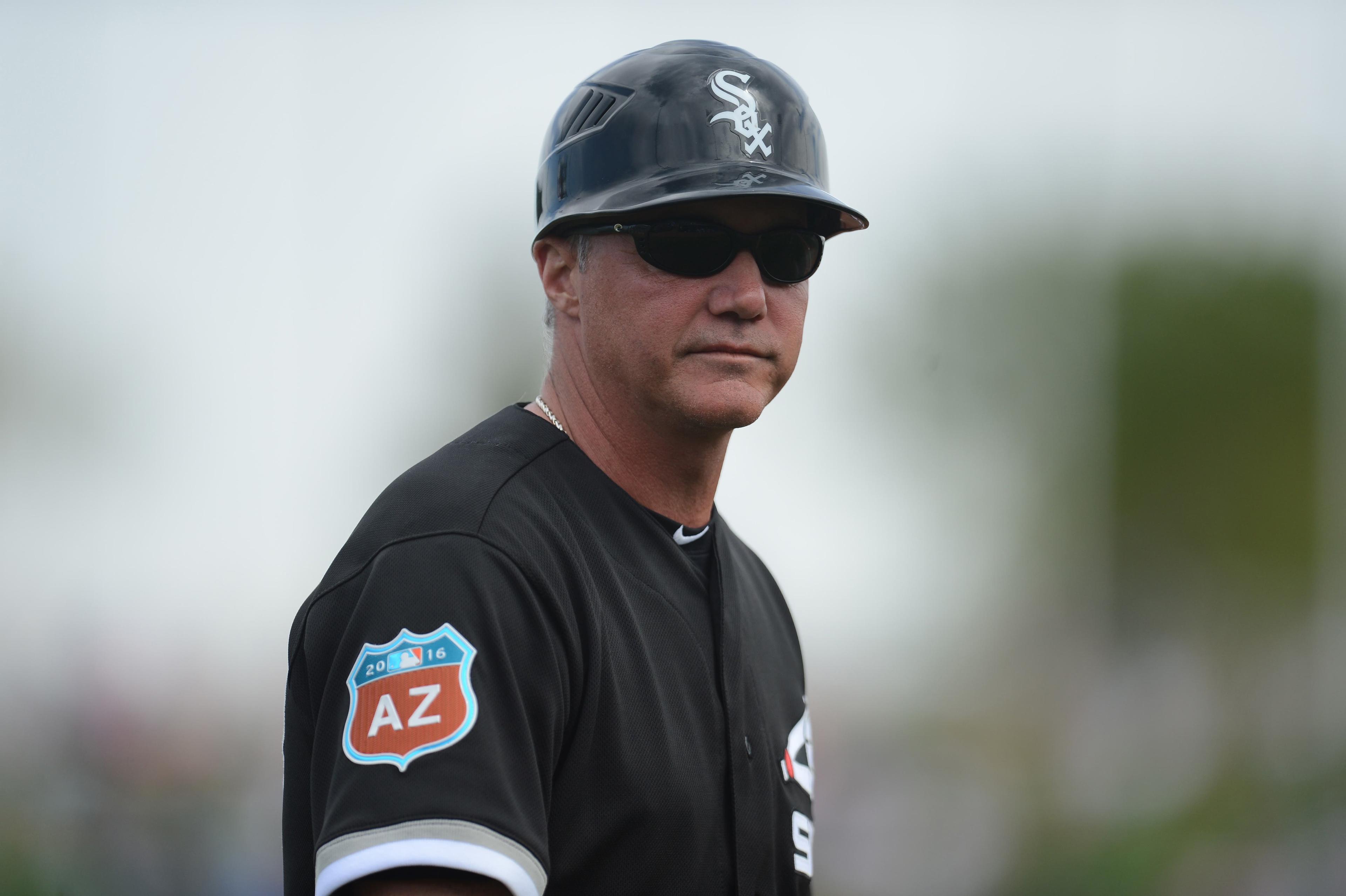 Chicago White Sox third base coach Joe McEwing looks on against the Kansas City Royals at Surprise Stadium. / Joe Camporeale-USA TODAY Sports