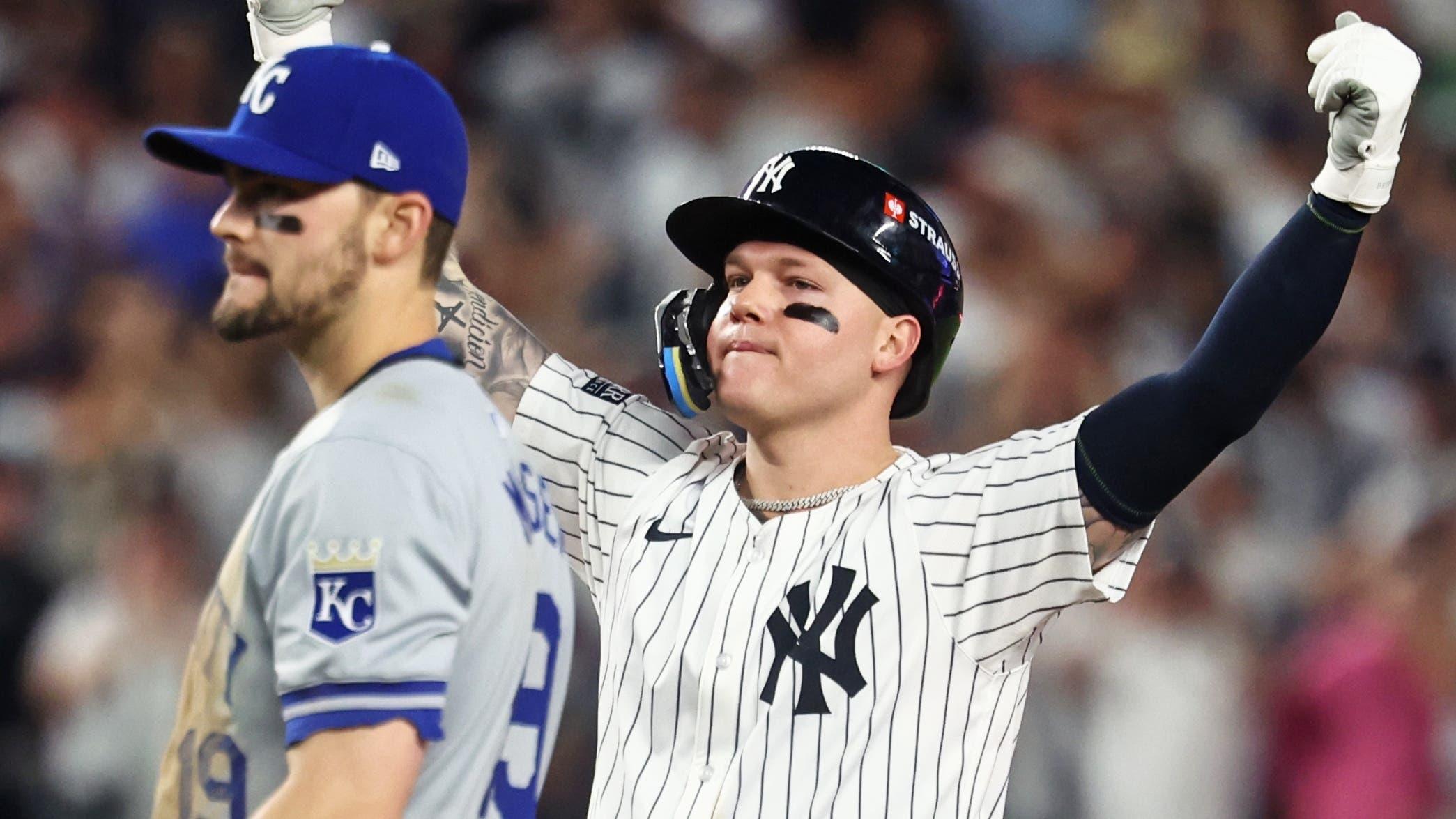 New York Yankees outfielder Alex Verdugo (24) reacts after hitting an RBI single during the eighth inning against the Kansas City Royals during game one of the ALDS for the 2024 MLB Playoffs at Yankee Stadium