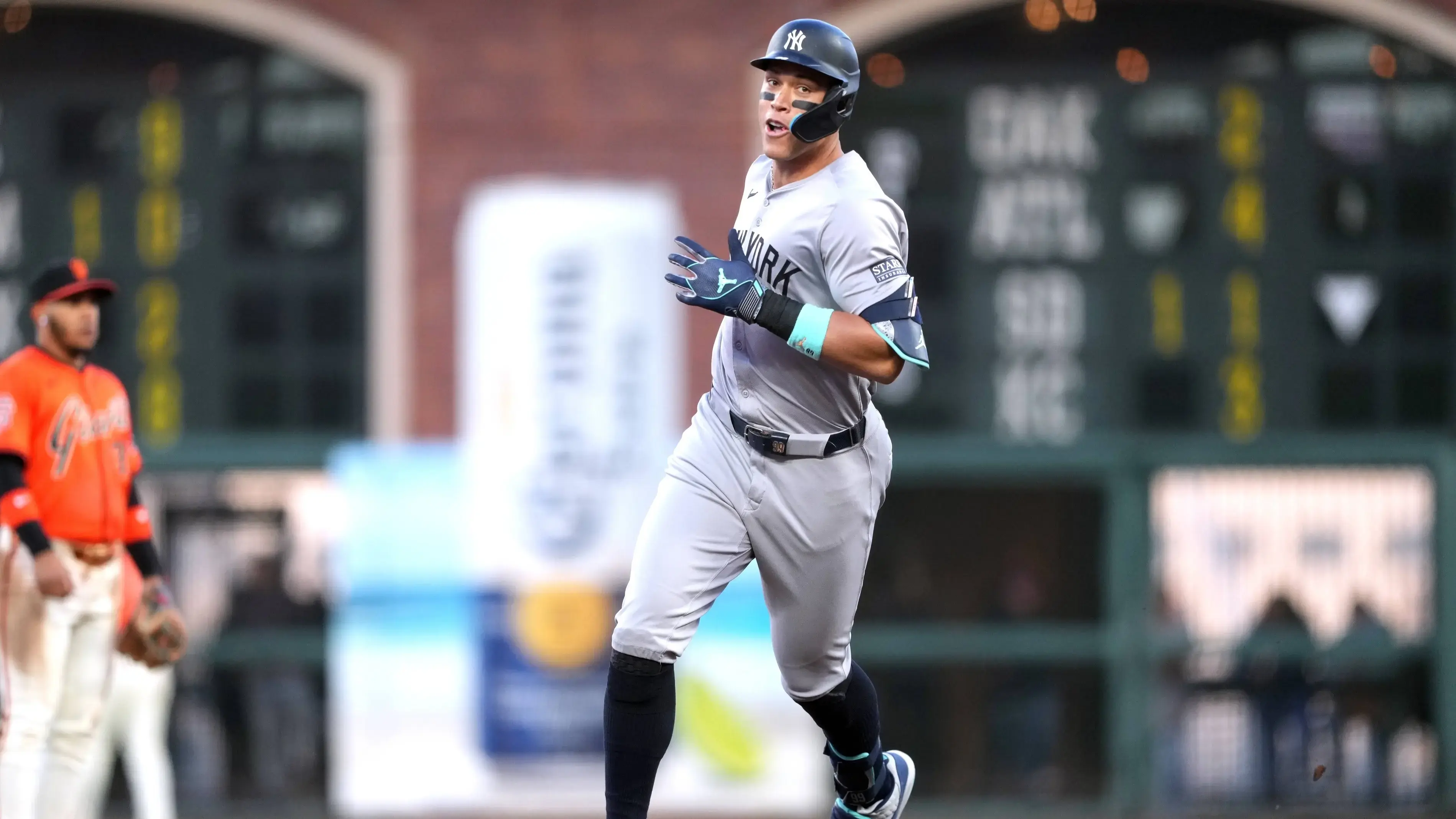 May 31, 2024; San Francisco, California, USA; New York Yankees designated hitter Aaron Judge (99) rounds the bases after hitting a home run against the San Francisco Giants during the third inning at Oracle Park. / Darren Yamashita-USA TODAY Sports