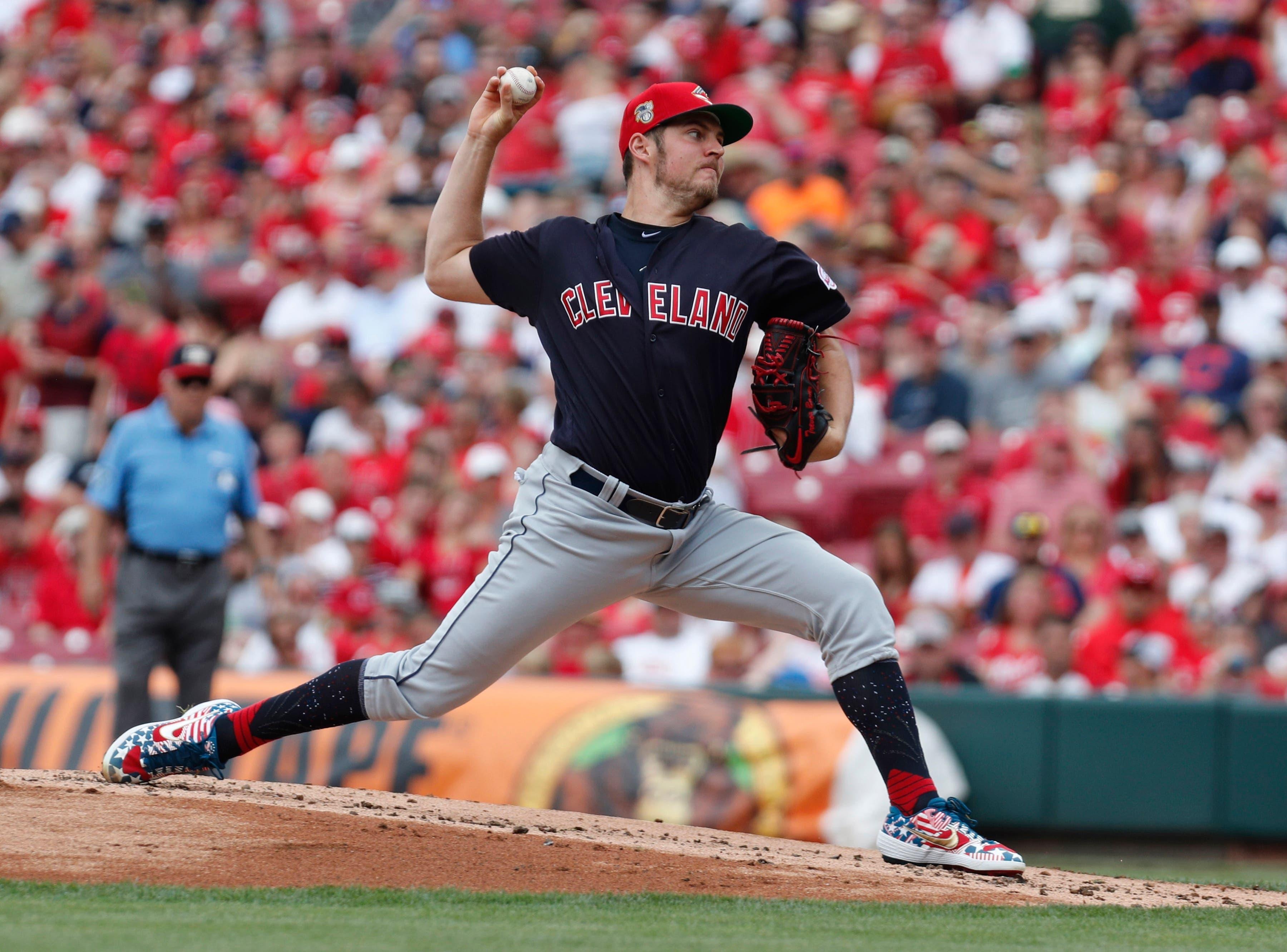 Jul 7, 2019; Cincinnati, OH, USA; Cleveland Indians starting pitcher Trevor Bauer (47) throws against the Cincinnati Reds during the first inning at Great American Ball Park. Mandatory Credit: David Kohl-USA TODAY Sports / David Kohl