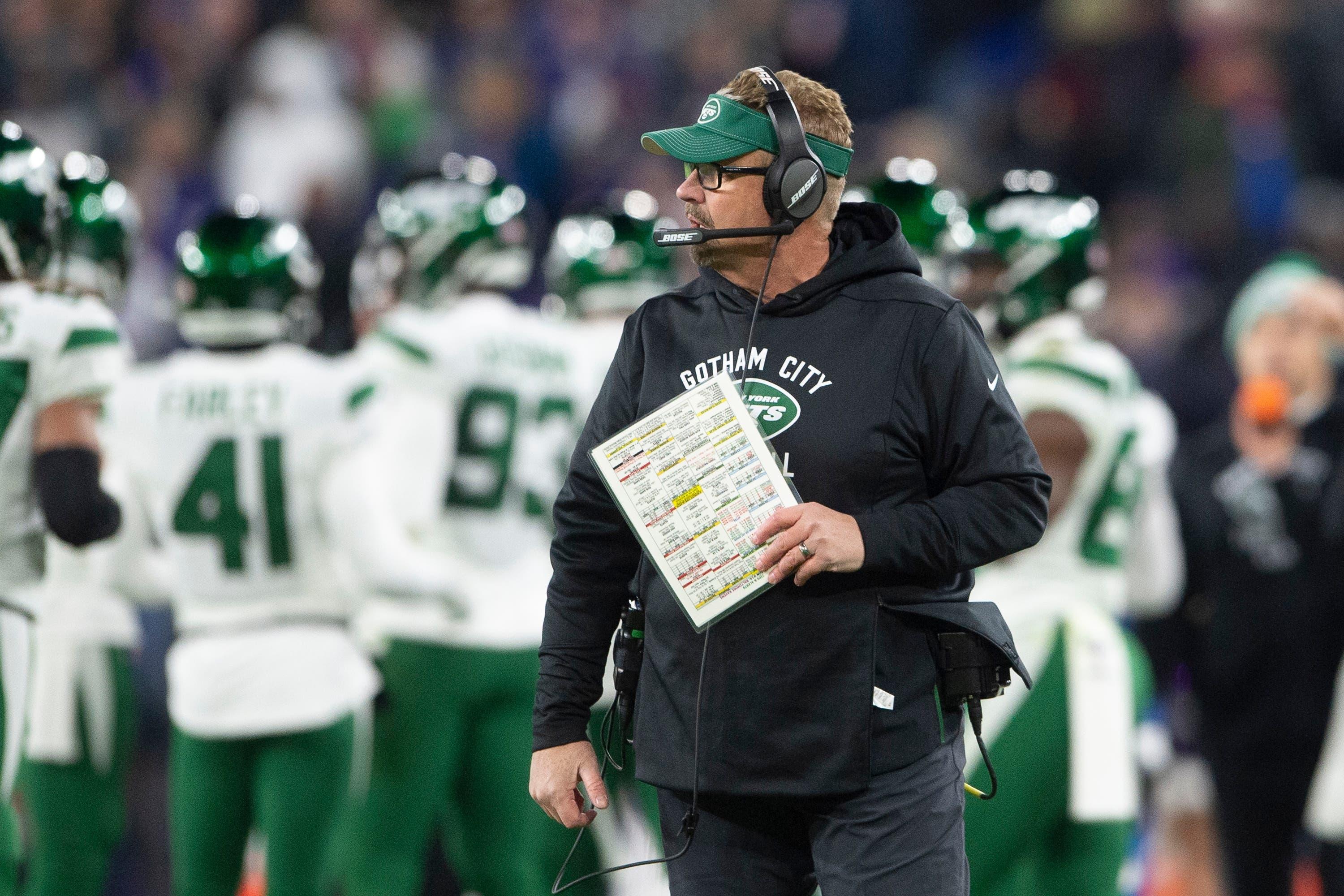 Dec 12, 2019; Baltimore, MD, USA; New York Jets defensive coordinator Gregg Williams looks onto the field during the first half against the Baltimore Ravens at M&T Bank Stadium. Mandatory Credit: Tommy Gilligan-USA TODAY Sports / Tommy Gilligan