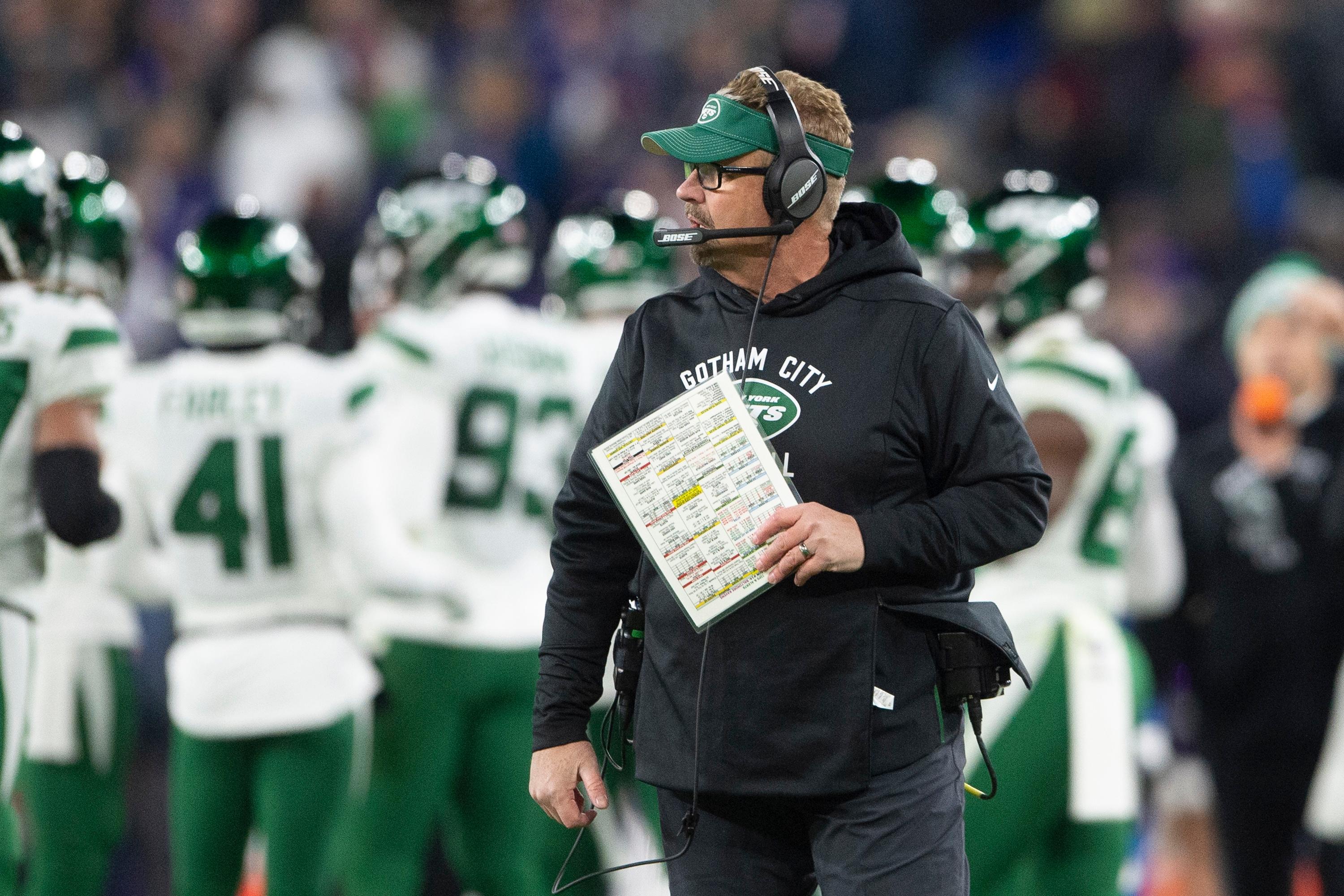 Dec 12, 2019; Baltimore, MD, USA; New York Jets defensive coordinator Gregg Williams looks onto the field during the first half against the Baltimore Ravens at M&T Bank Stadium. Mandatory Credit: Tommy Gilligan-USA TODAY Sports