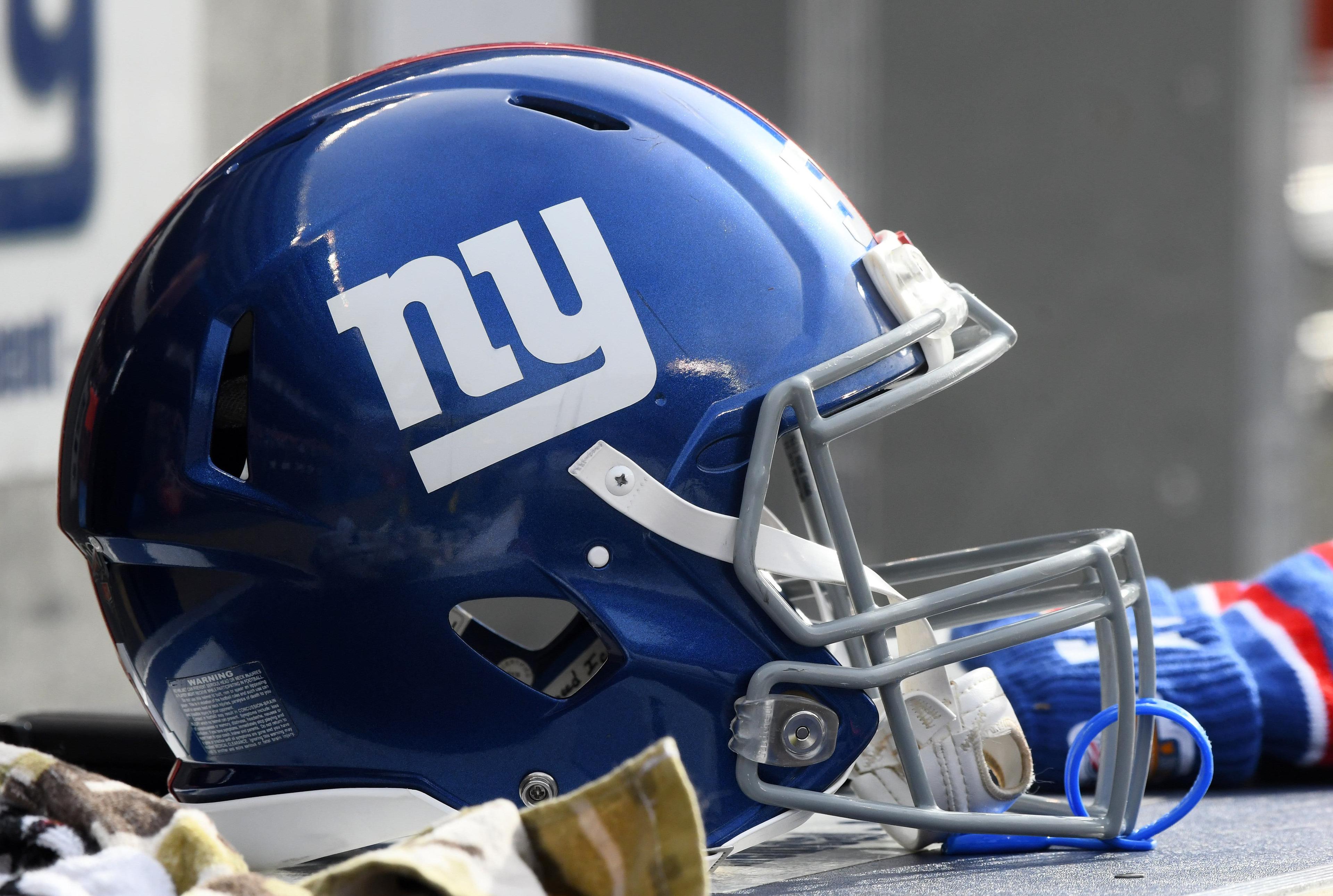 Nov 24, 2019; Chicago, IL, USA; A detailed view of the New York Giants helmet during the second half against the Chicago Bears at Soldier Field. Mandatory Credit: Mike DiNovo-USA TODAY Sports / Mike Dinovo