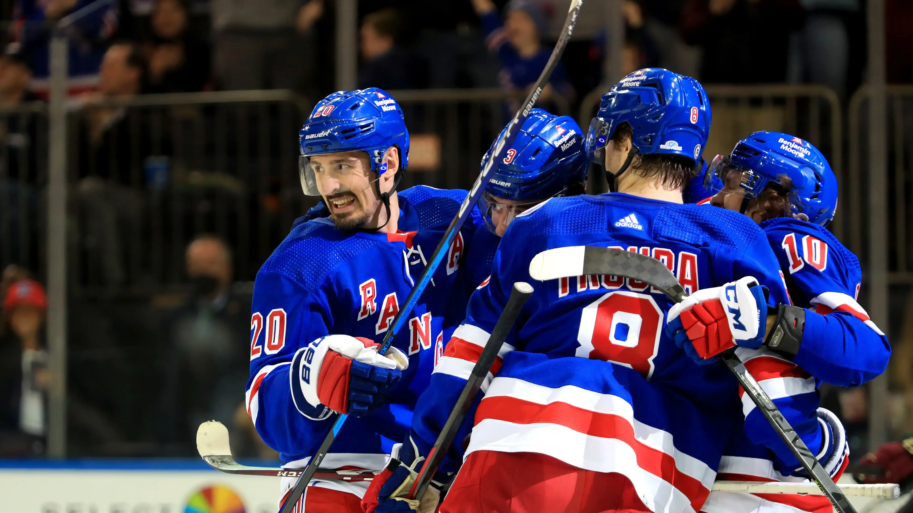 Jan 22, 2022; New York, New York, USA; New York Rangers left wing Chris Kreider (20) celebrates after scoring his NHL leading 28th goal during the second period against the Arizona Coyotes at Madison Square Garden. / Danny Wild-USA TODAY Sports