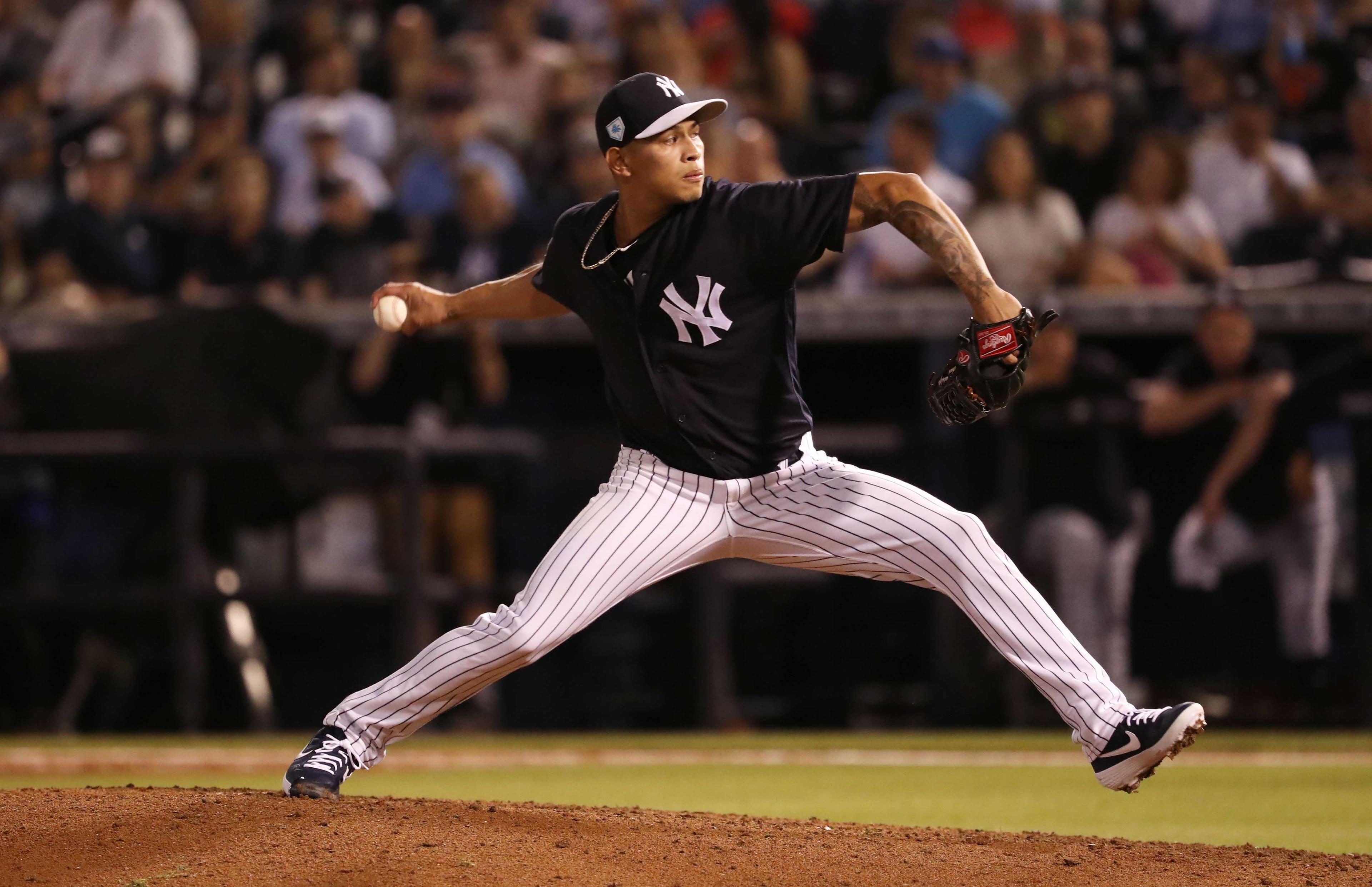 Mar 1, 2019; Tampa, FL, USA; New York Yankees pitcher Jonathan Loaisiga (67) throws a pitch during the fifth inning against the Baltimore Orioles at George M. Steinbrenner Field. Mandatory Credit: Kim Klement-USA TODAY Sports / Kim Klement