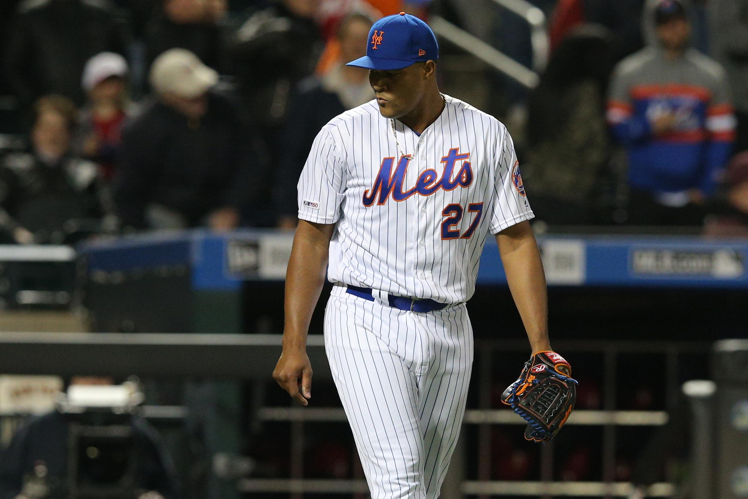 Apr 30, 2019; New York City, NY, USA; New York Mets relief pitcher Jeurys Familia (27) reacts during the ninth inning against the Cincinnati Reds at Citi Field. Mandatory Credit: Brad Penner-USA TODAY Sports