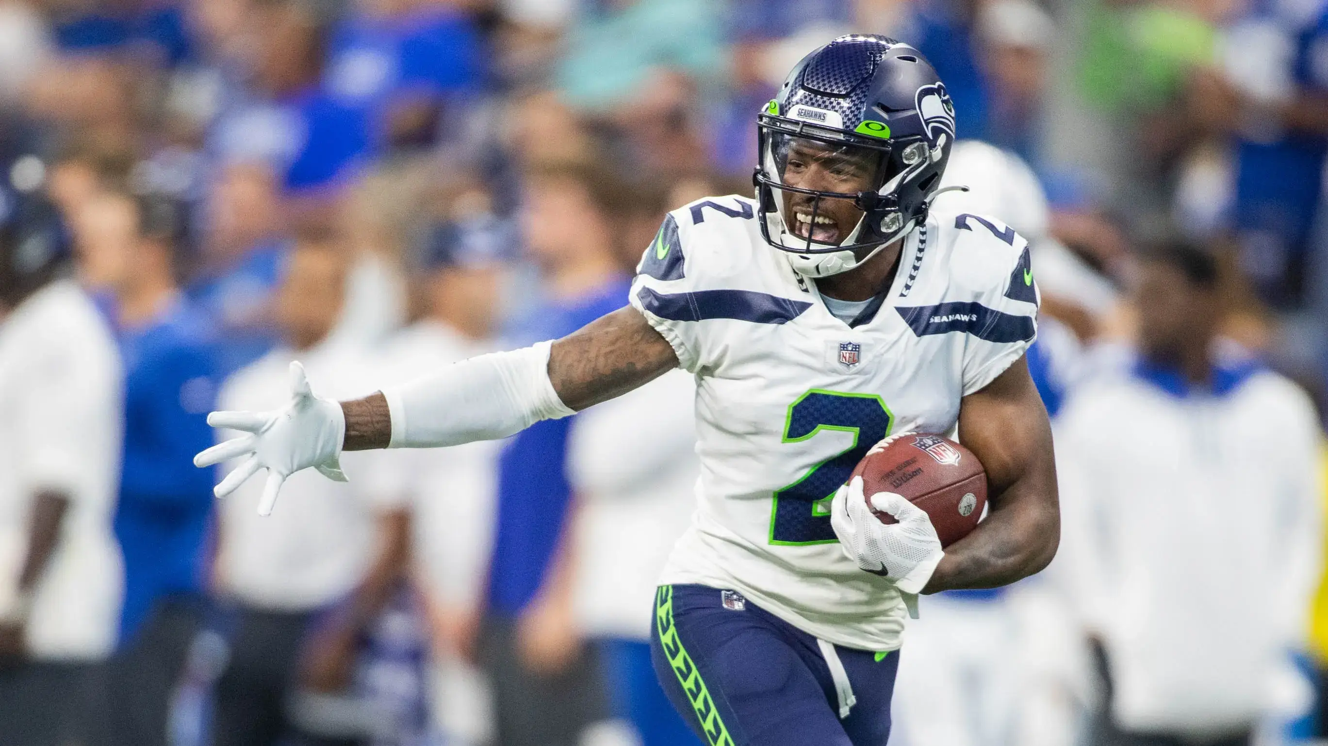 Sep 12, 2021; Indianapolis, Indiana, USA; Seattle Seahawks cornerback DJ Reed (2) celebrates his recovery of a fumble in the second half at Lucas Oil Stadium. / Trevor Ruszkowski-USA TODAY Sports