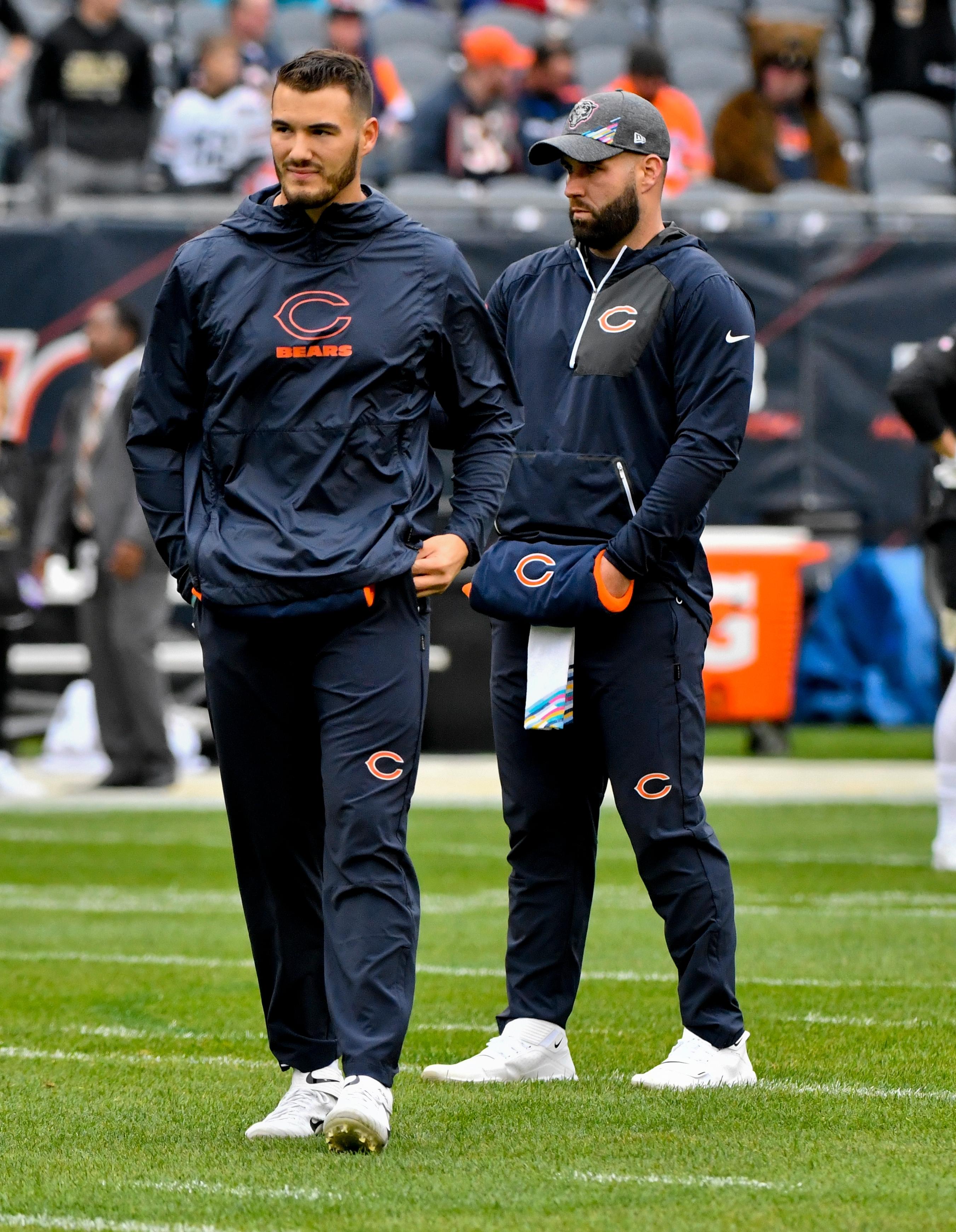 Oct 20, 2019; Chicago, IL, USA; Chicago Bears quarterback Mitchell Trubisky (10), left, and Chicago Bears quarterback Chase Daniel (4) during warm ups before the game against the New Orleans Saints at Soldier Field. Mandatory Credit: Matt Marton-USA TODAY Sports