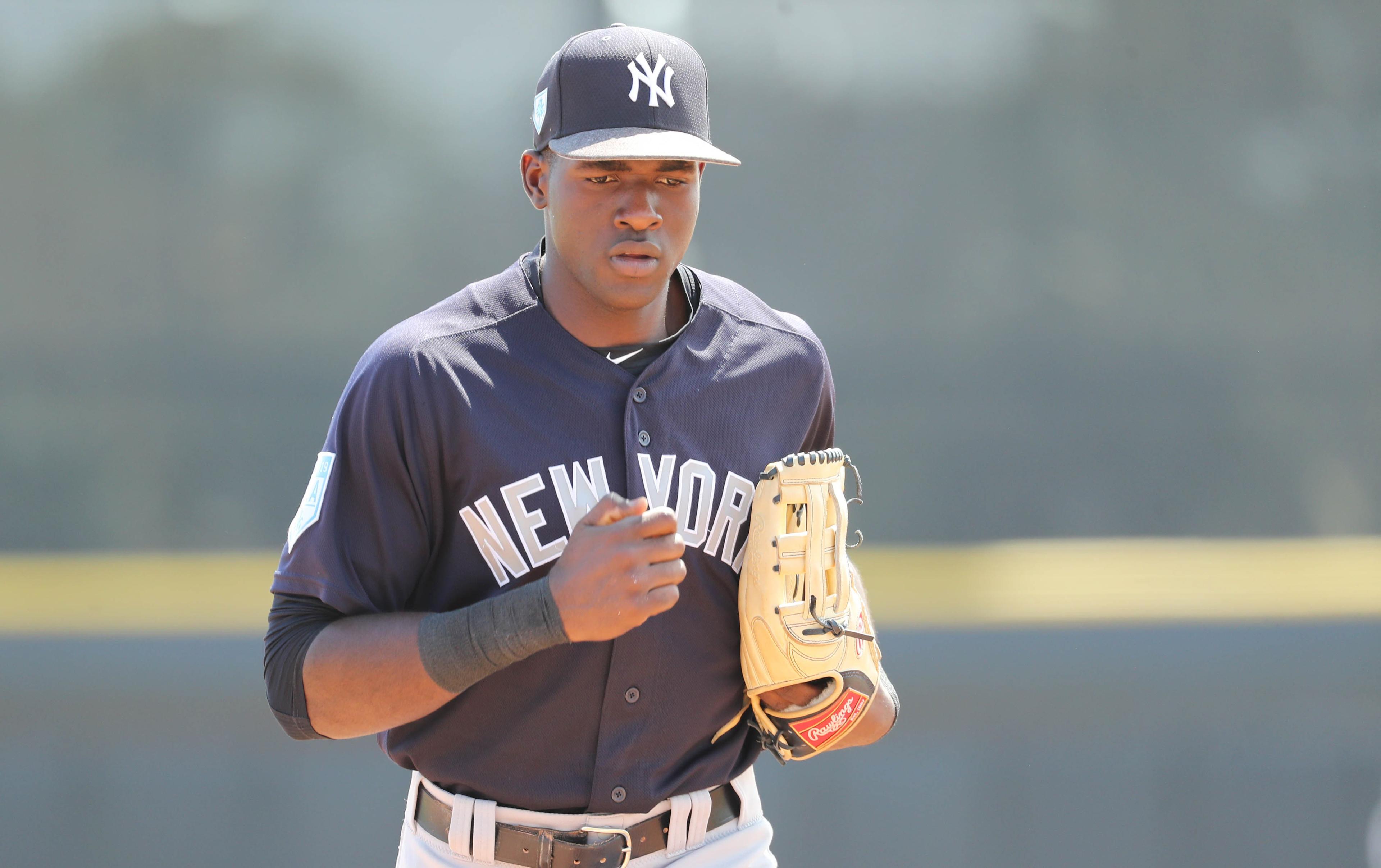 Mar 14, 2019; Dunedin, FL, USA; New York Yankees center fielder Estevan Florial (92) at Dunedin Stadium. Mandatory Credit: Kim Klement-USA TODAY Sports / Kim Klement