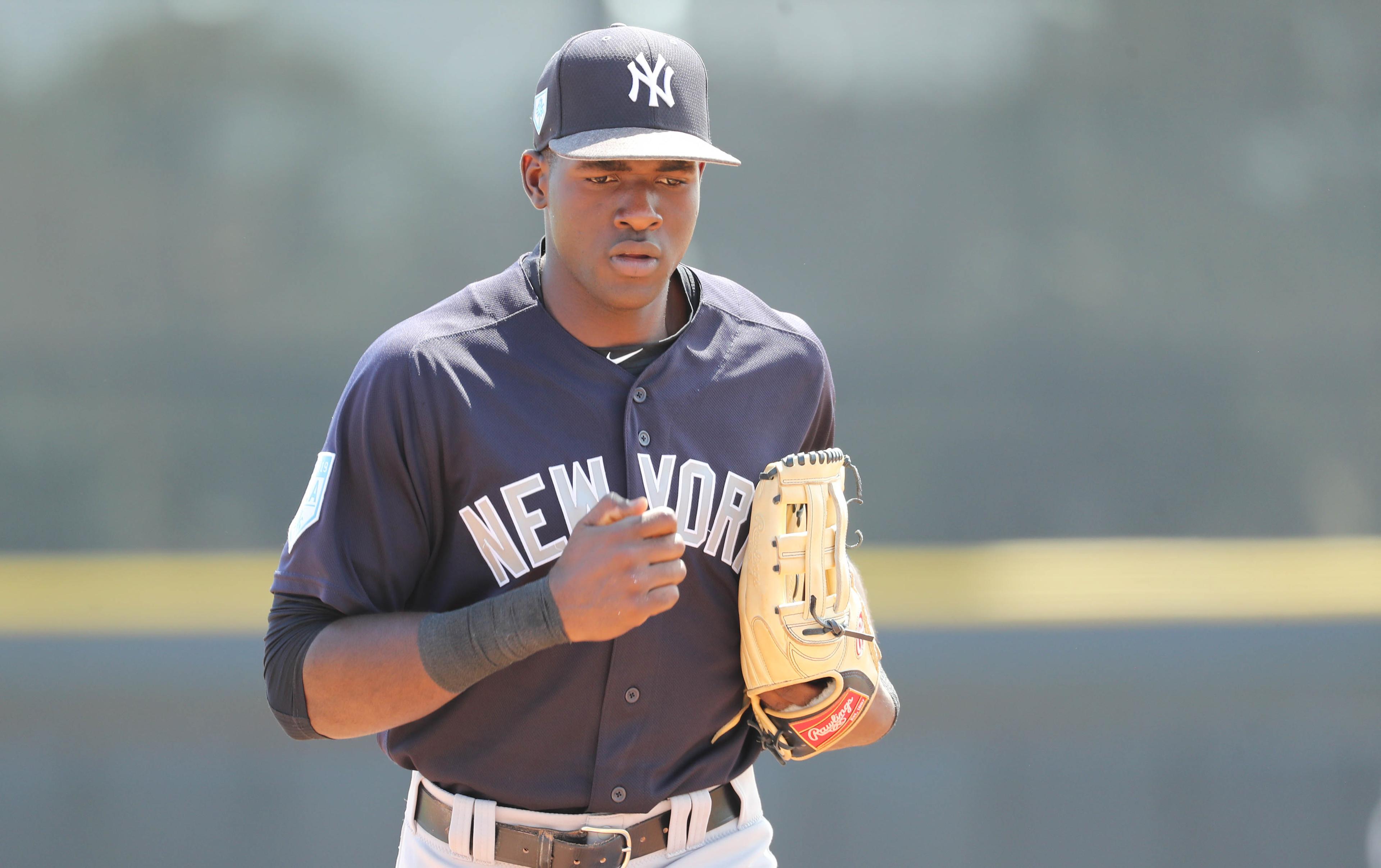 Mar 14, 2019; Dunedin, FL, USA; New York Yankees center fielder Estevan Florial (92) at Dunedin Stadium. Mandatory Credit: Kim Klement-USA TODAY Sports