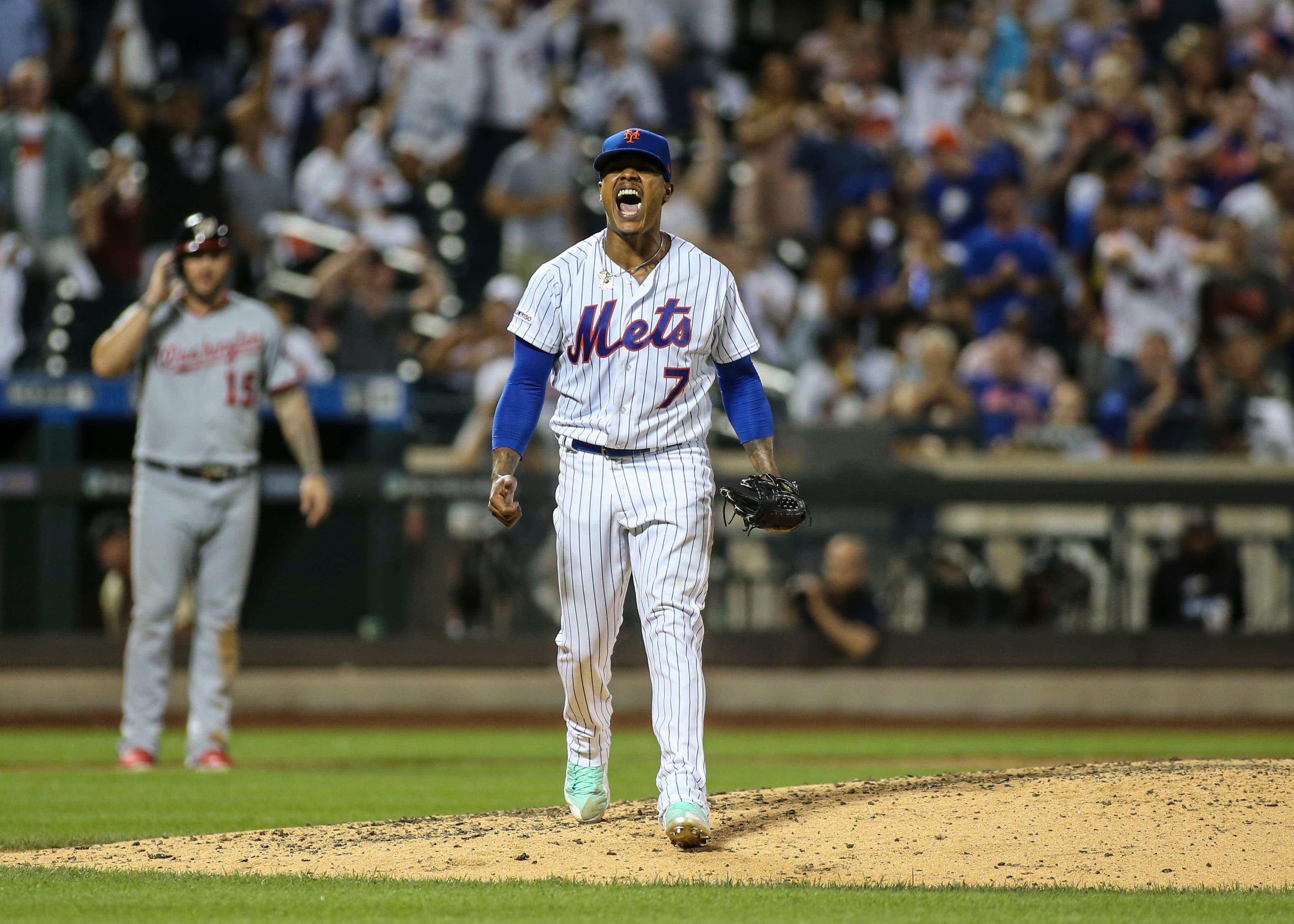 Aug 9, 2019; New York City, NY, USA; New York Mets pitcher Marcus Stroman (7) reacts after a strikeout to end the sixth inning against the Washington Nationals at Citi Field. Mandatory Credit: Wendell Cruz-USA TODAY Sports / Wendell Cruz