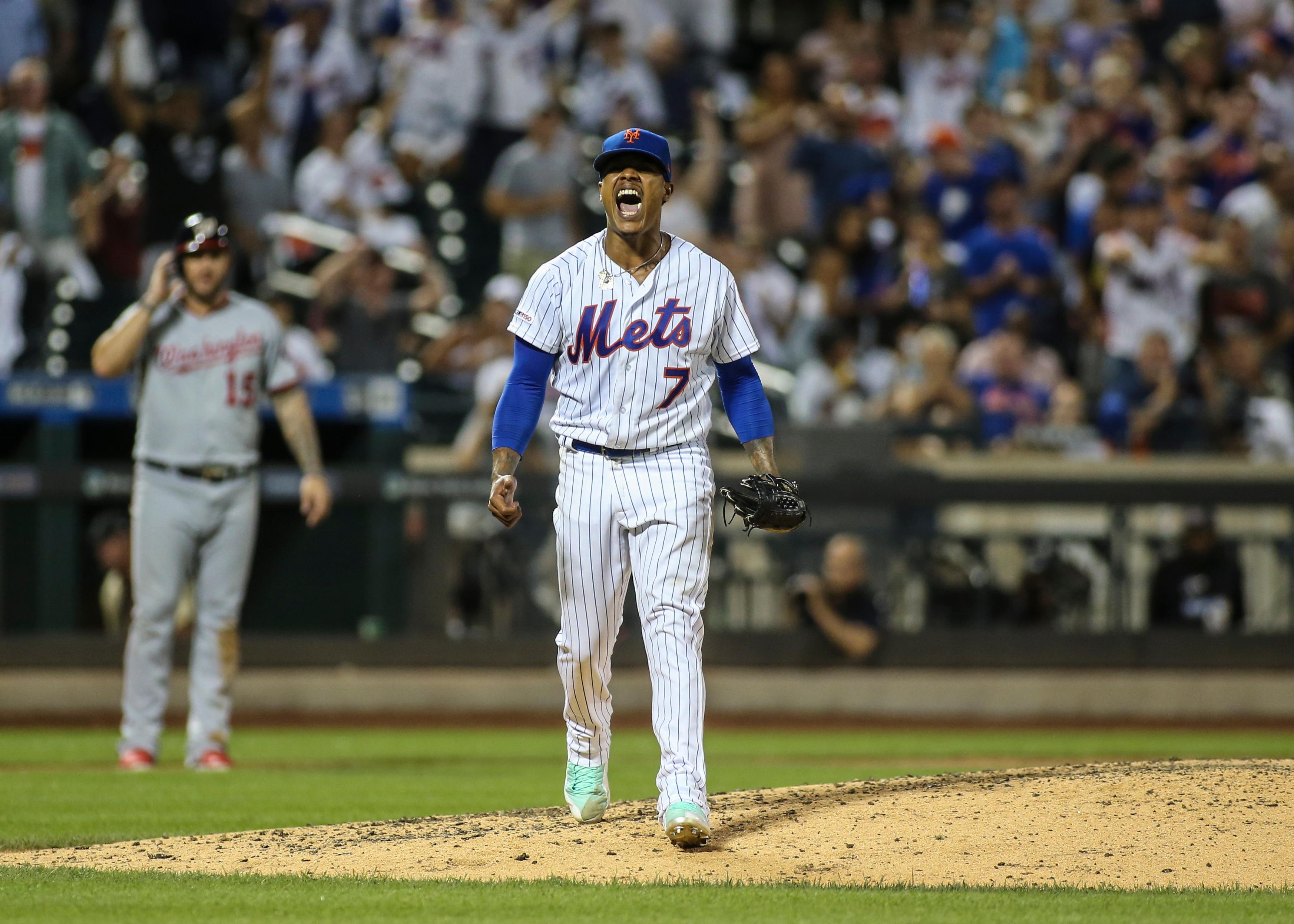 Aug 9, 2019; New York City, NY, USA; New York Mets pitcher Marcus Stroman (7) reacts after a strikeout to end the sixth inning against the Washington Nationals at Citi Field. Mandatory Credit: Wendell Cruz-USA TODAY Sports