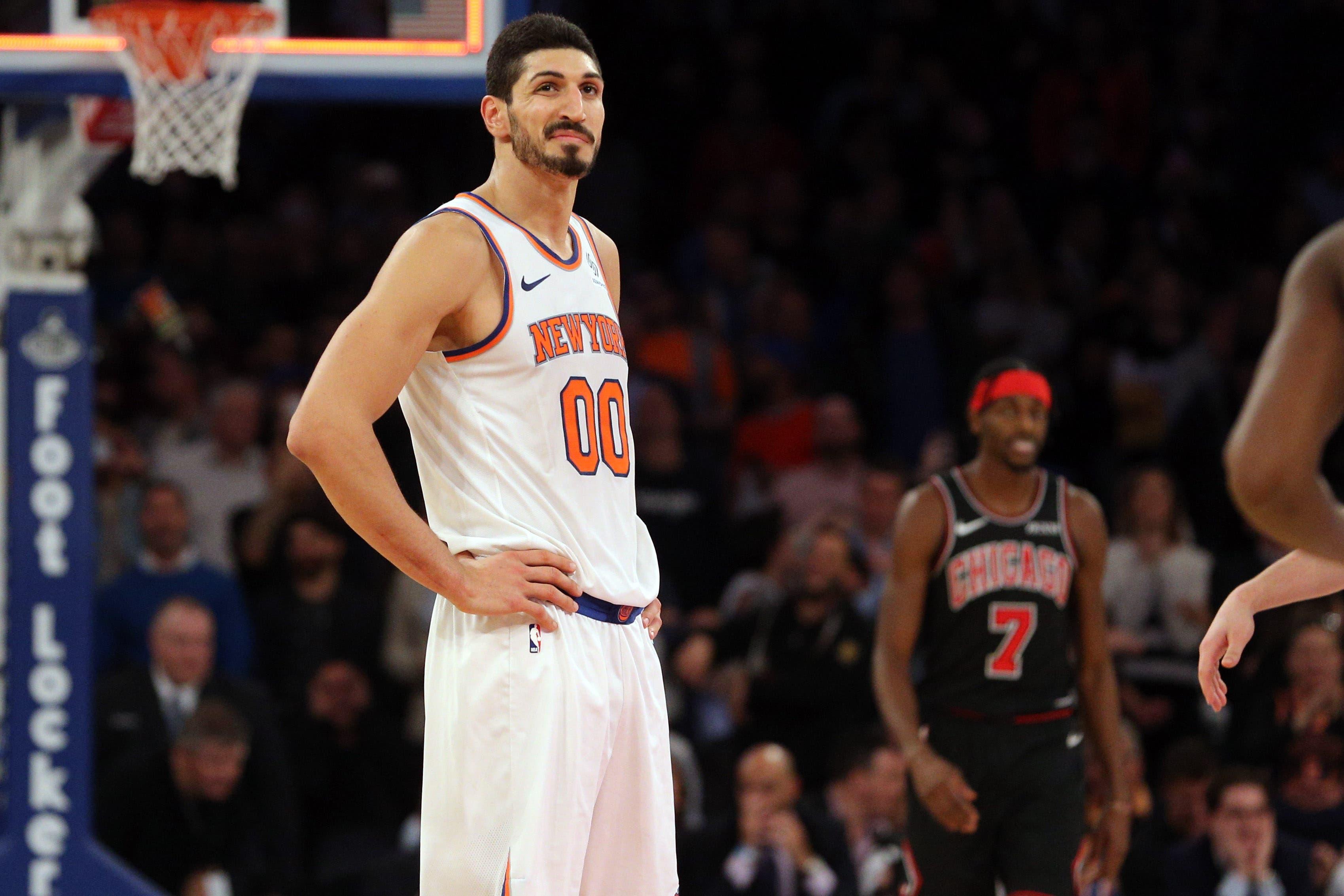 New York Knicks center Enes Kanter reacts after the first overtime against the Chicago Bulls at Madison Square Garden. / Brad Penner/USA TODAY Sports