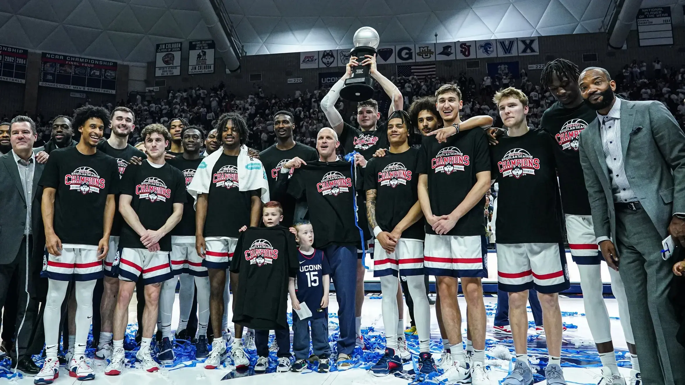 Mar 3, 2024; Storrs, Connecticut, USA; The UConn Huskies celebrate and pose for a photo as they are named Big East Regular Season Champions after the game against the Seton Hall Pirates at Harry A. Gampel Pavilion. / David Butler II-USA TODAY Sports