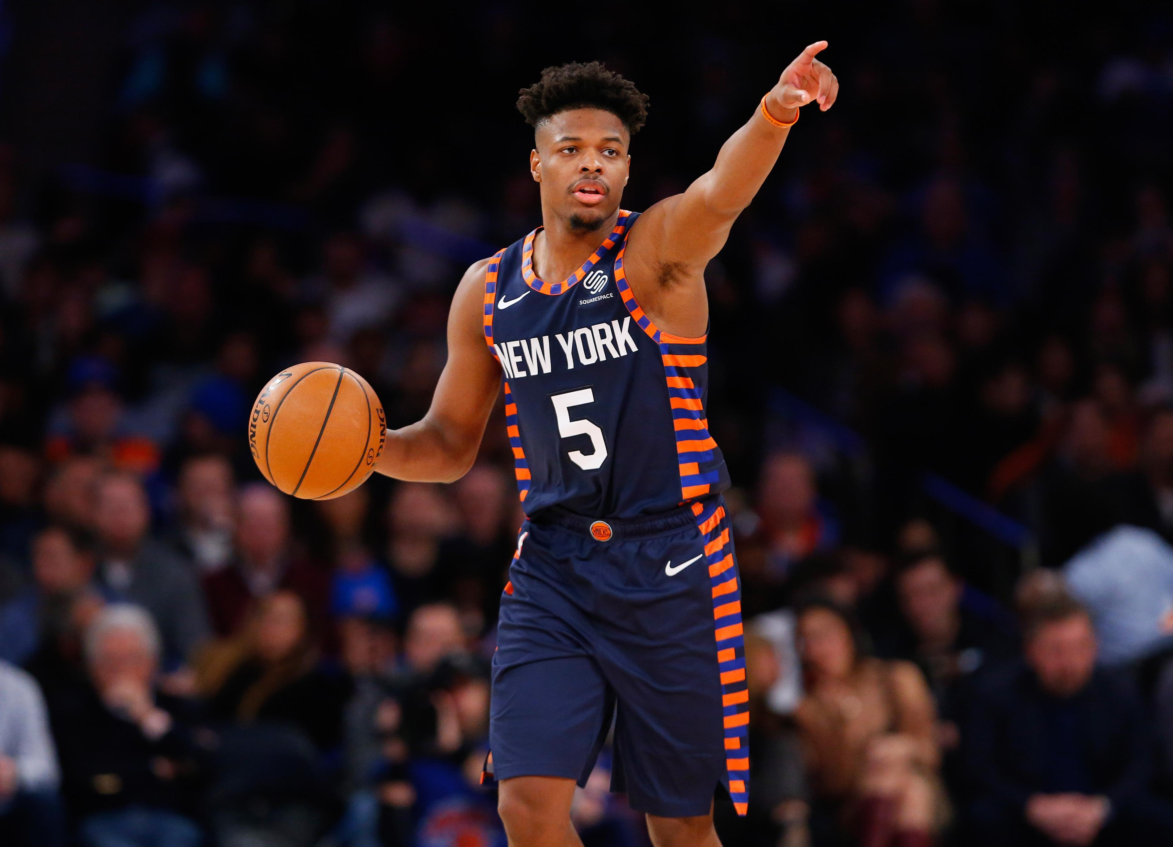 Dec 7, 2019; New York, NY, USA; New York Knicks guard Dennis Smith Jr. (5) dribbles the ball against the Indiana Pacers during the second half at Madison Square Garden. Mandatory Credit: Noah K. Murray-USA TODAY Sports