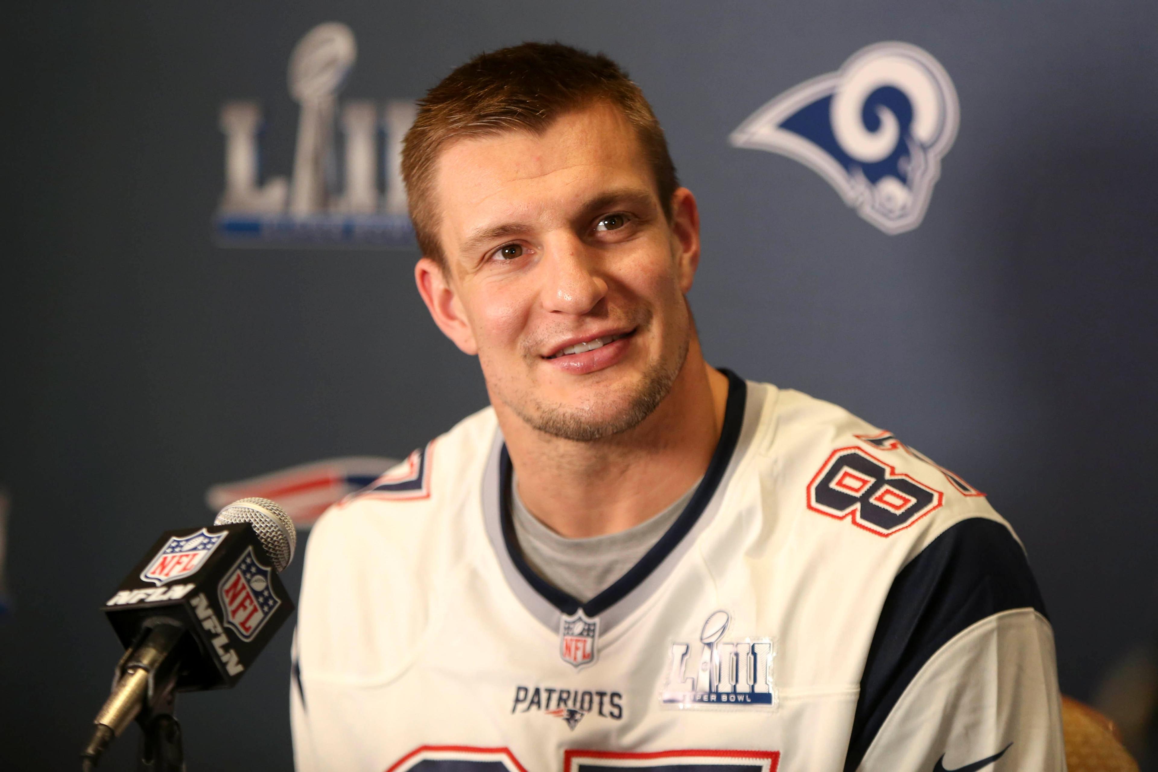 Jan 31, 2019; Atlanta, GA, USA; New England Patriots tight end Rob Gronkowski (87) addresses the media at a press conference for Super Bowl LIII at Hyatt Regency Atlanta. Mandatory Credit: Brett Davis-USA TODAY Sports / Brett Davis