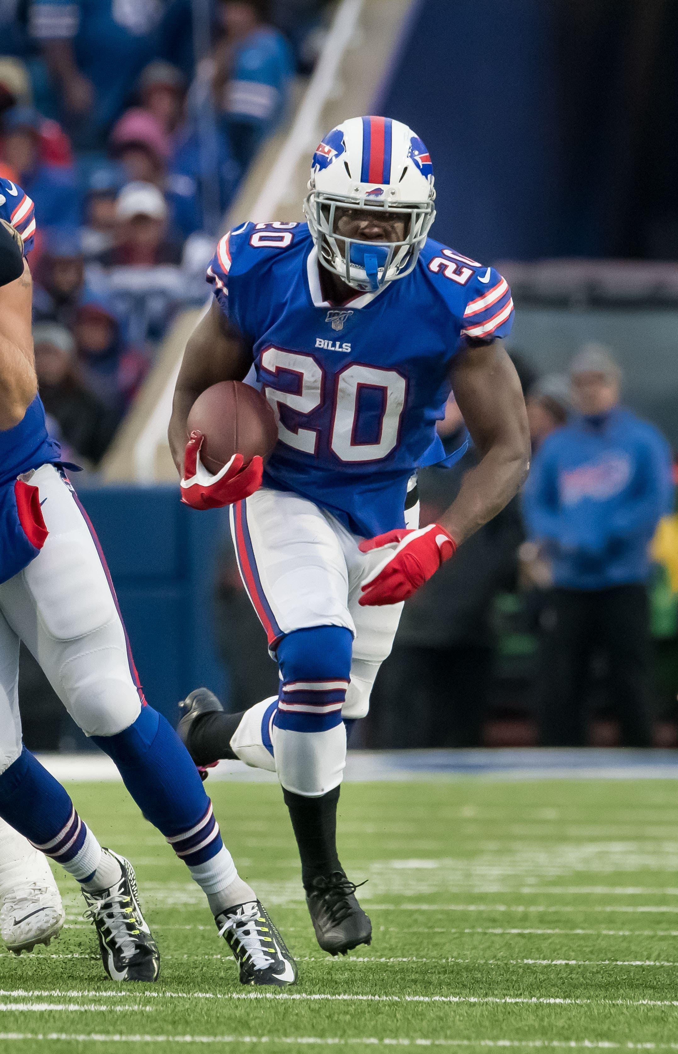 Nov 24, 2019; Orchard Park, NY, USA; Buffalo Bills running back Frank Gore (20) against the Denver Broncos in the fourth quarter at New Era Field. Mandatory Credit: Mark Konezny-USA TODAY Sports / Mark Konezny