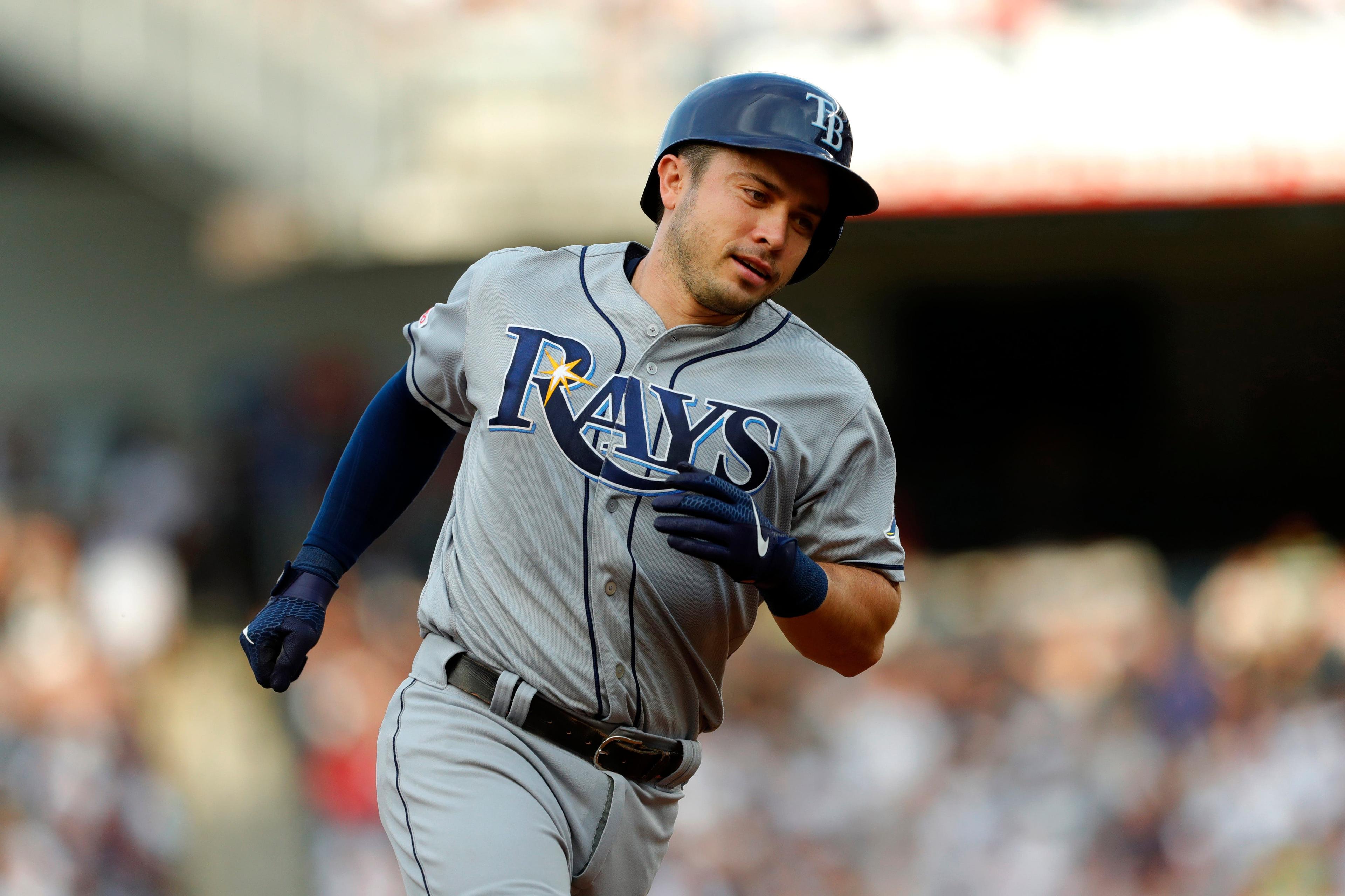 Jul 15, 2019; Bronx, NY, USA; Tampa Bay Rays catcher Travis d'Arnaud (37) rounds the bases after hitting a home run against the New York Yankees in the first inning at Yankee Stadium. Mandatory Credit: Noah K. Murray-USA TODAY Sports / Noah K. Murray