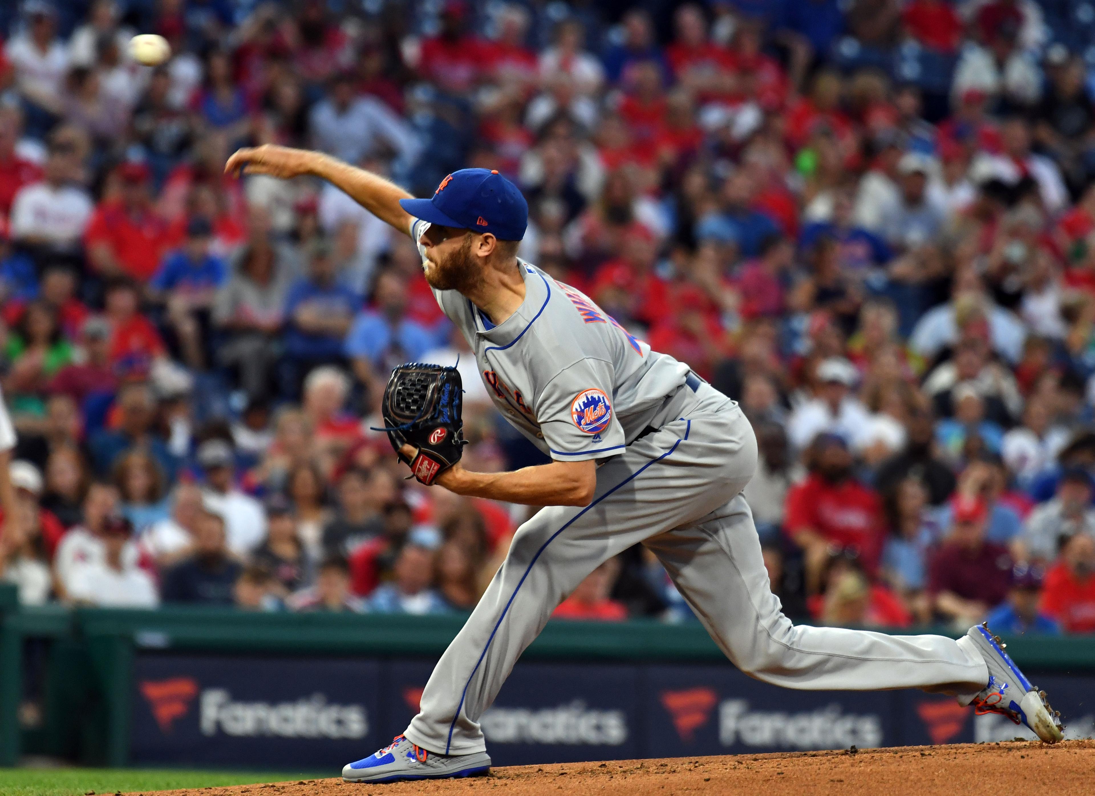 Aug 30, 2019; Philadelphia, PA, USA; New York Mets starting pitcher Zack Wheeler (45) pitches against the Philadelphia Phillies in the first inning at Citizens Bank Park. Mandatory Credit: James Lang-USA TODAY Sports