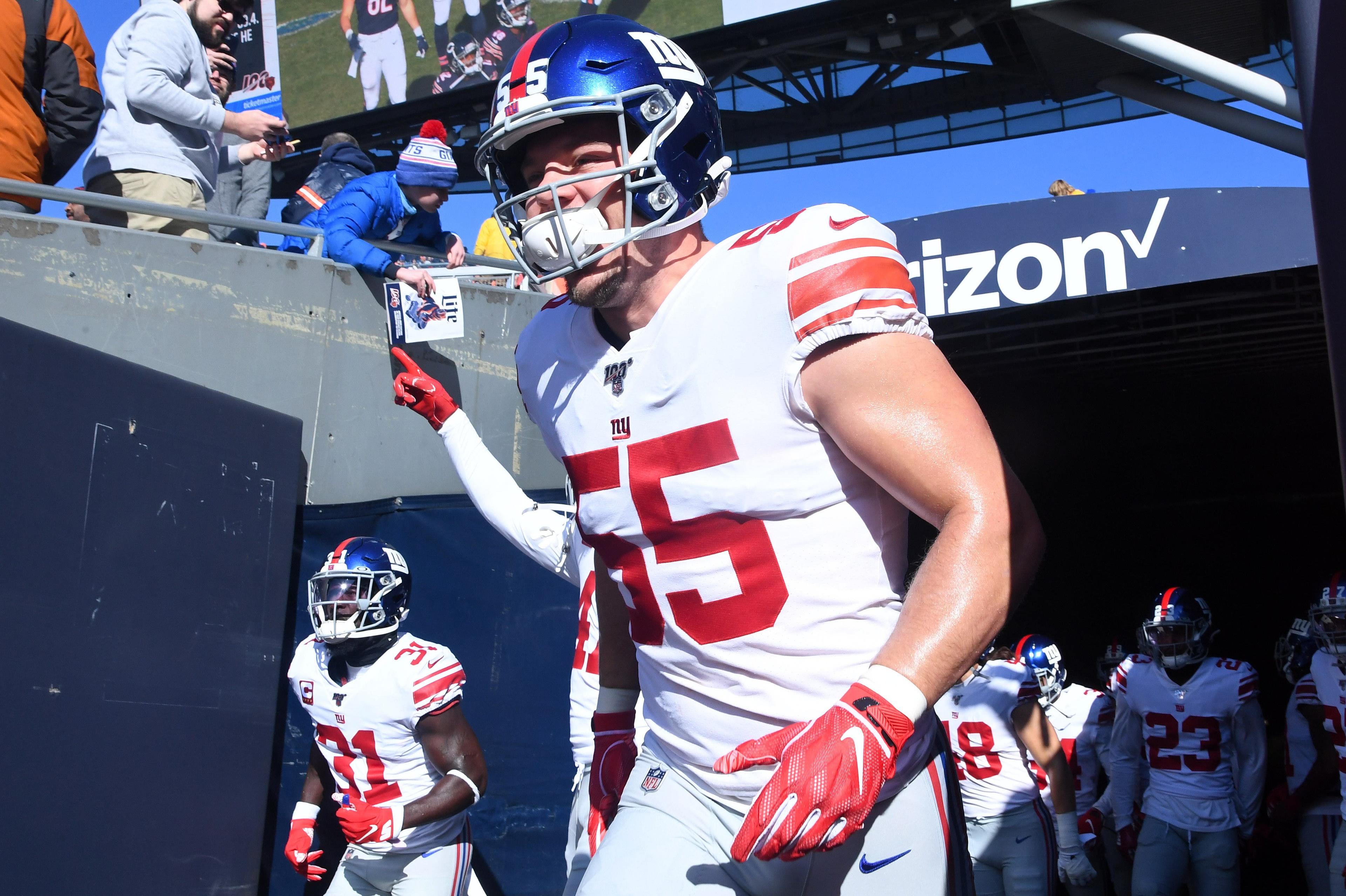 Nov 24, 2019; Chicago, IL, USA; New York Giants outside linebacker David Mayo (55) takes the field before the game against the Chicago Bears at Soldier Field. Mandatory Credit: Mike DiNovo-USA TODAY Sports / Mike Dinovo