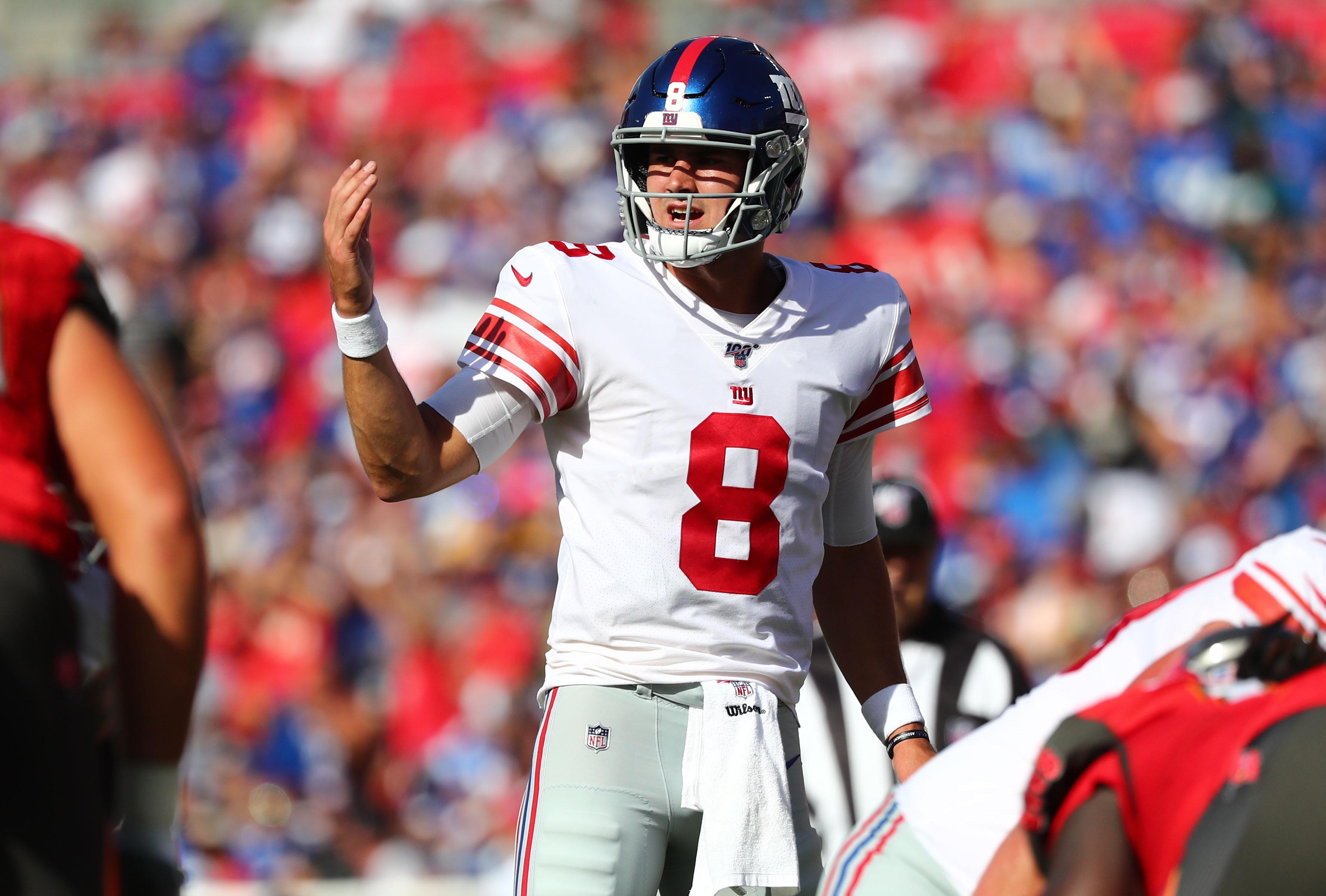 Sep 22, 2019; Tampa, FL, USA; New York Giants quarterback Daniel Jones (8) calls a play against the Tampa Bay Buccaneers during the second quarter at Raymond James Stadium. Mandatory Credit: Kim Klement-USA TODAY Sports