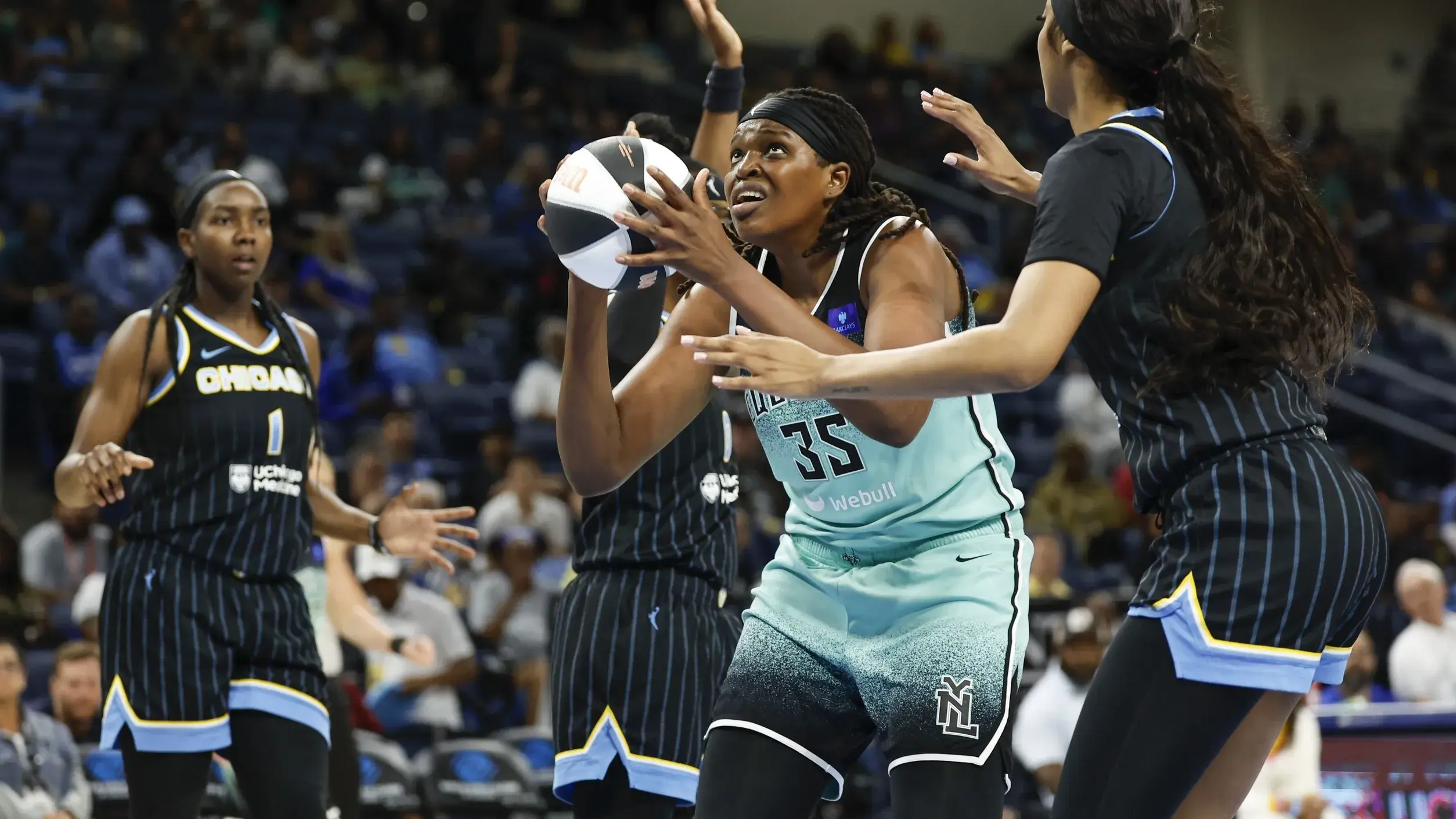 Jun 4, 2024; Chicago, Illinois, USA; New York Liberty forward Jonquel Jones (35) drives to the basket against the Chicago Sky during the first half of a WNBA game at Wintrust Arena. / Kamil Krzaczynski-USA TODAY Sports