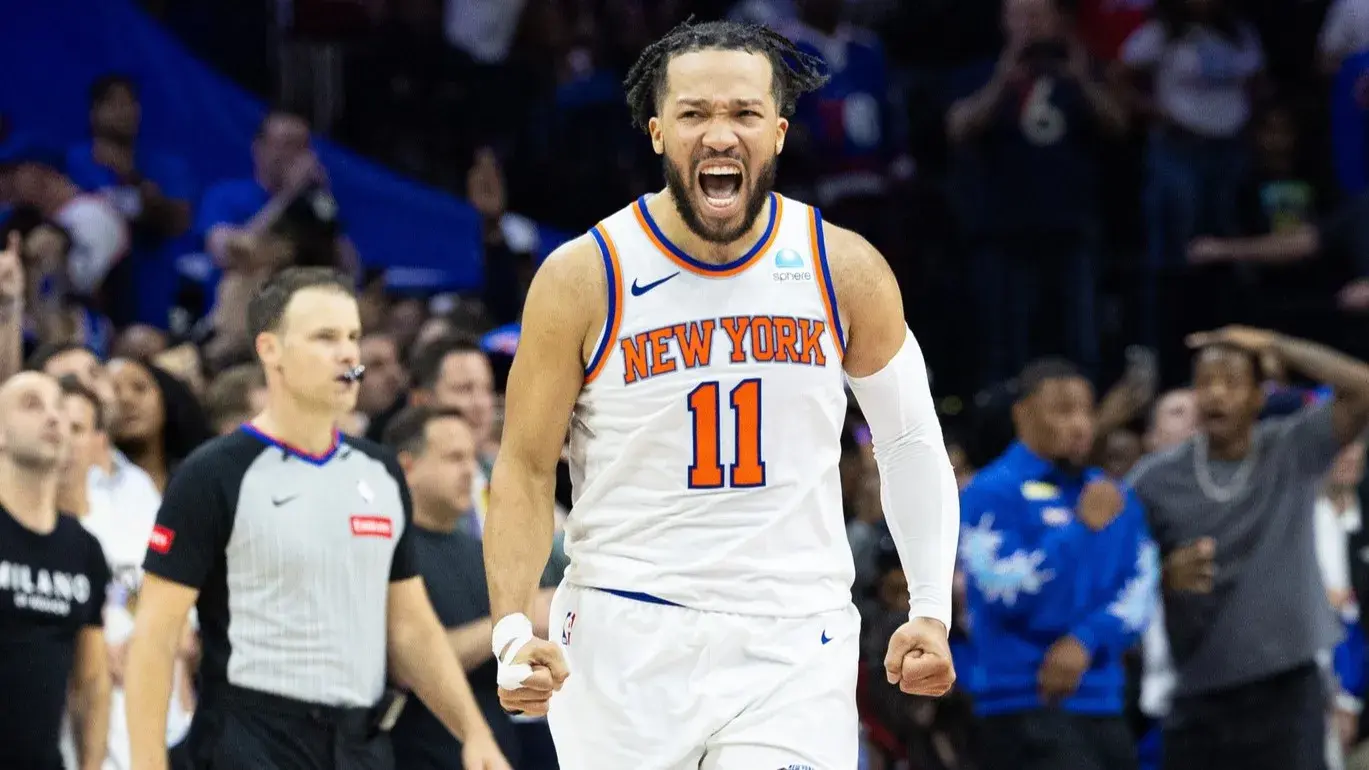 May 2, 2024; Philadelphia, Pennsylvania, USA; New York Knicks guard Jalen Brunson (11) reacts after a score against the Philadelphia 76ers during the second half of game six of the first round for the 2024 NBA playoffs at Wells Fargo Center. / Bill Streicher-USA TODAY Sports