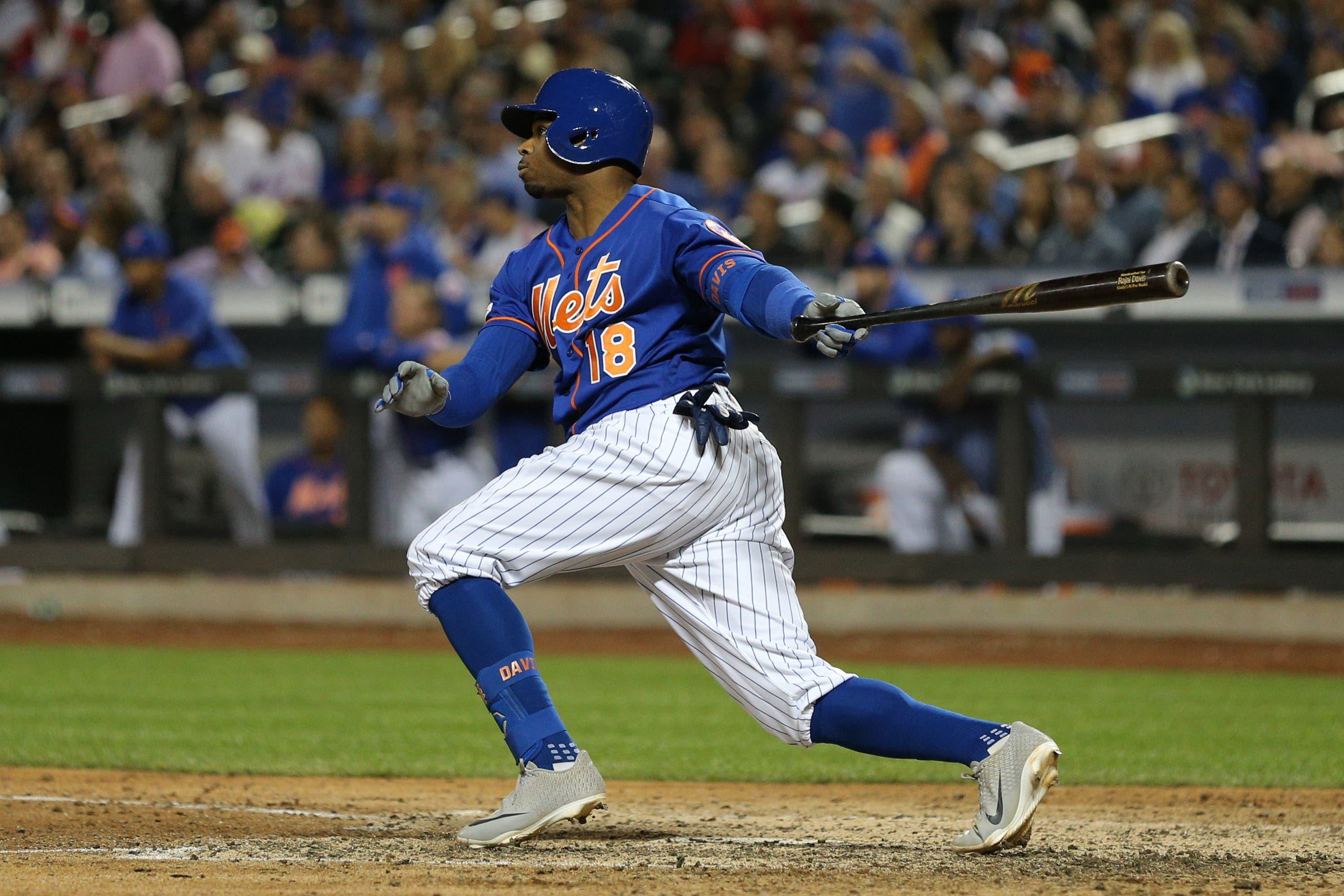 May 22, 2019; New York City, NY, USA; New York Mets pinch hitter Rajai Davis (18) hits a three run home run against the Washington Nationals during the eighth inning at Citi Field. Mandatory Credit: Brad Penner-USA TODAY Sports / Brad Penner