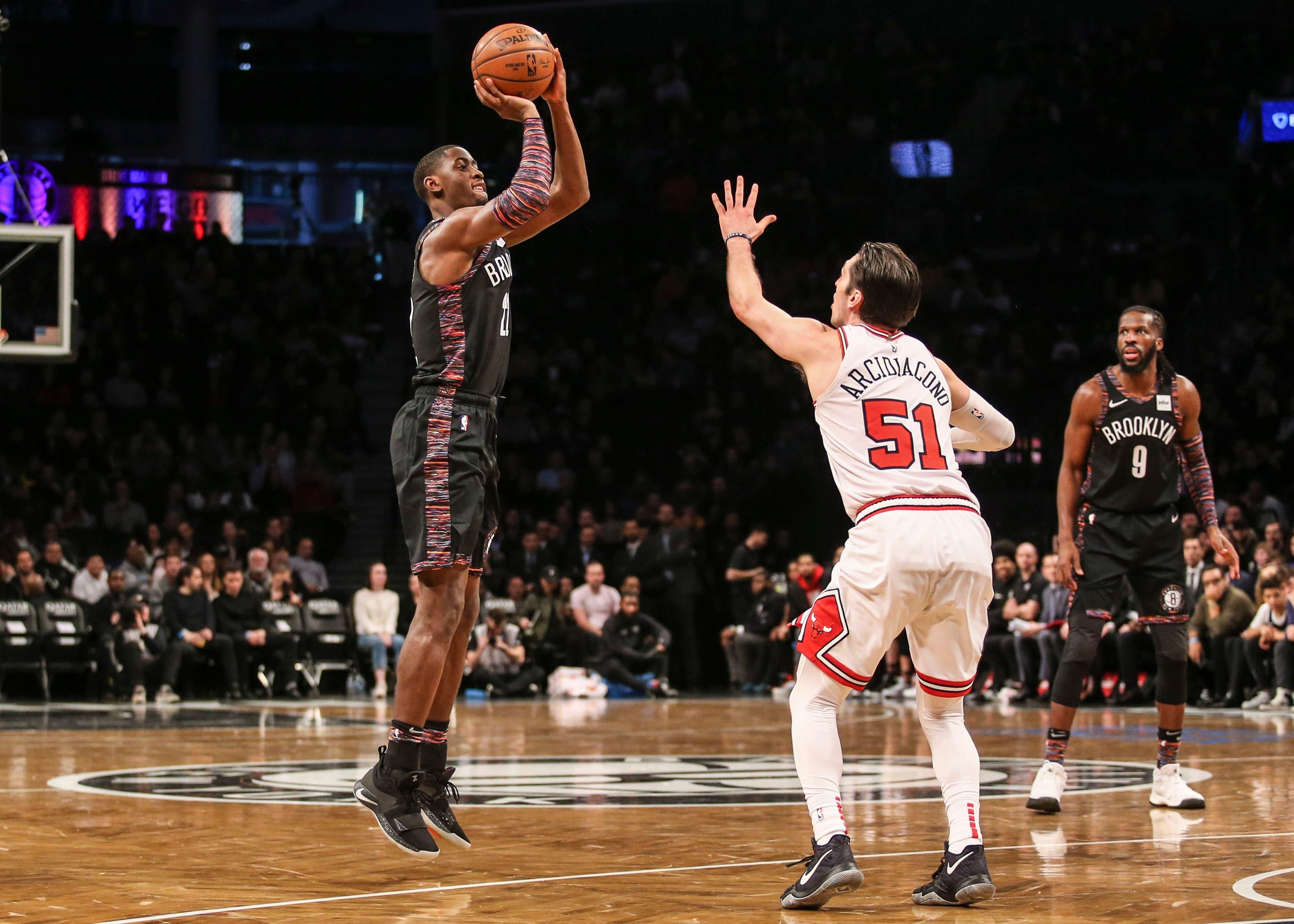 Jan 14, 2019; Brooklyn, NY, USA; Brooklyn Nets guard Caris LeVert (22) shoots the ball in the second quarter against the Chicago Bulls at Barclays Center. Mandatory Credit: Wendell Cruz-USA TODAY Sports / Wendell Cruz