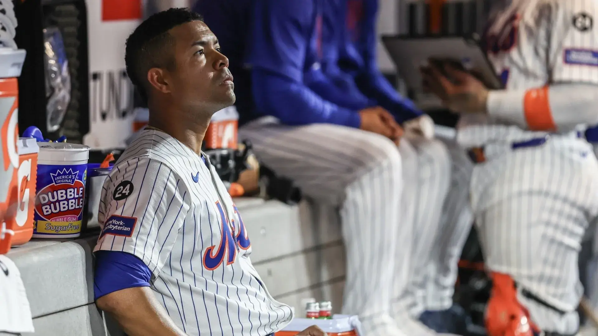 Aug 20, 2024; New York City, New York, USA; New York Mets starting pitcher Jose Quintana (62) watches from the dugout in the fifth inning against the Baltimore Orioles at Citi Field. / Wendell Cruz-USA TODAY Sports