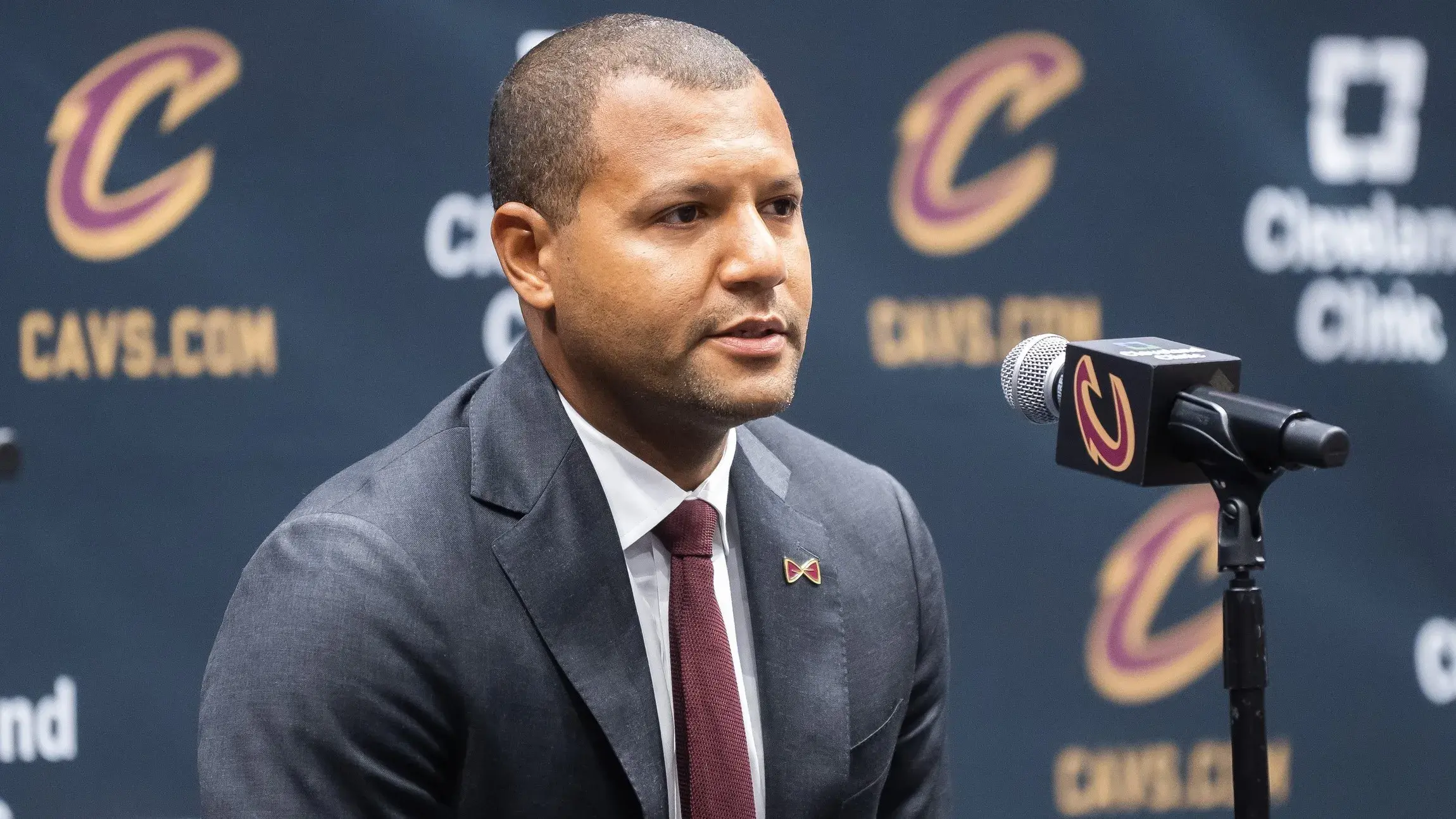 Oct 2, 2023; Cleveland, OH, USA; Cleveland Cavaliers general manager Koby Altman talks to the media during media day at Rocket Mortgage FieldHouse / Ken Blaze-USA TODAY Sports