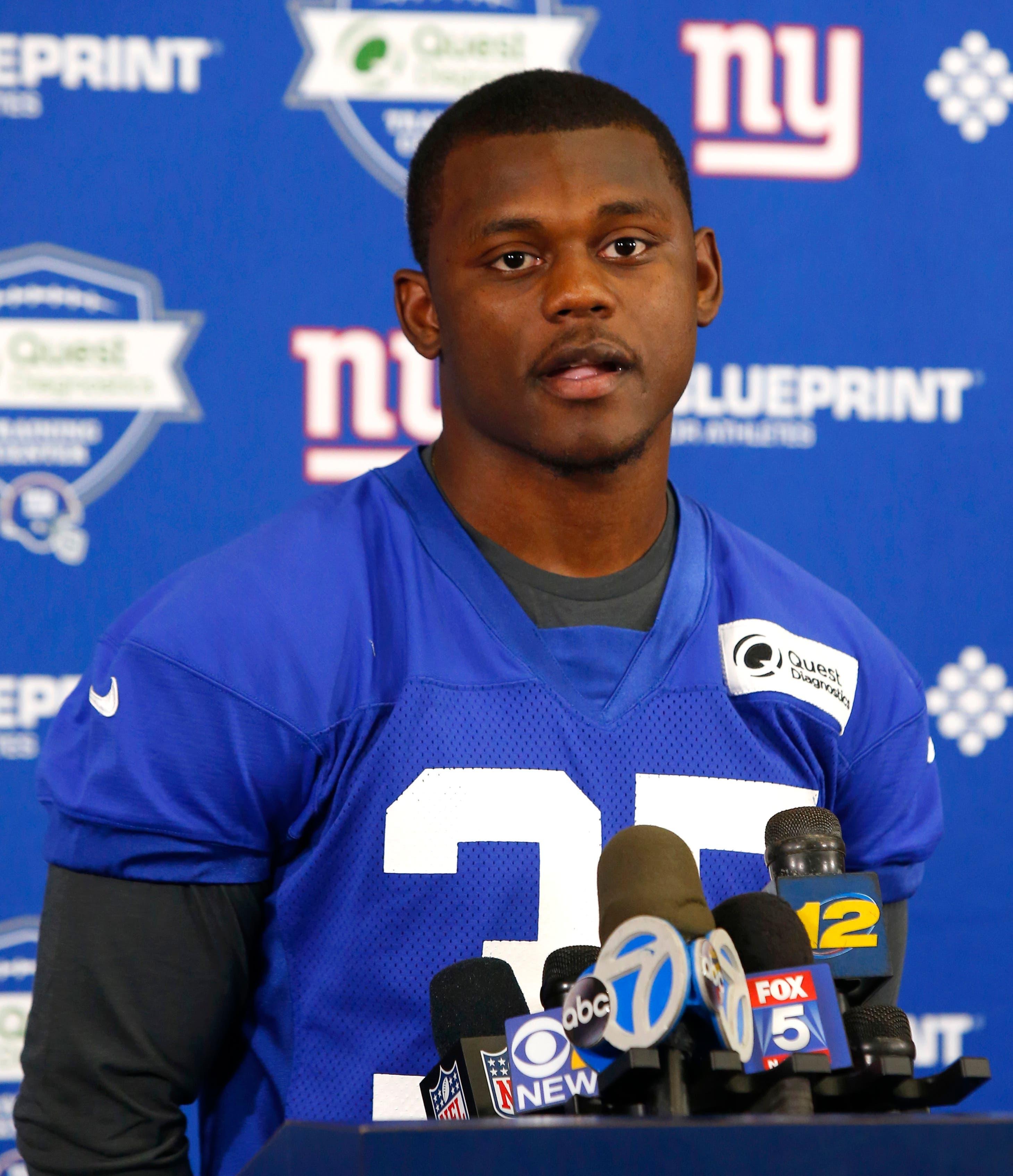 May 3, 2019; East Rutherford, NJ, USA; New York Giants corner back Deandre Baker (35) answers questions from media during rookie minicamp at Quest Diagnostic Training Center. Mandatory Credit: Noah K. Murray-USA TODAY Sports / Noah K. Murray