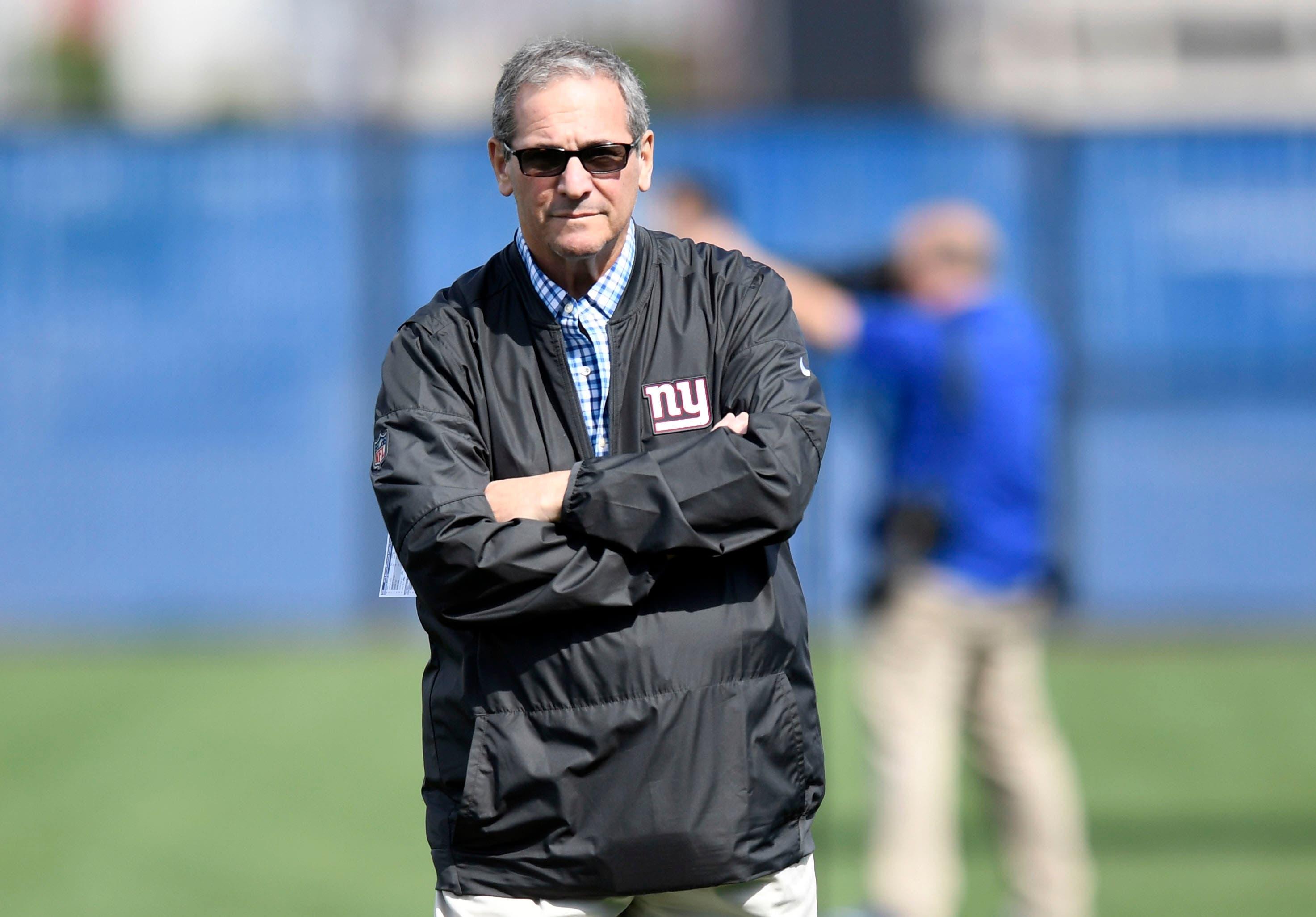 May 11, 2018; East Rutherford, NJ, USA; New York Giants general manager Dave Gettleman on the field during rookie minicamp at Quest Diagnostics Training Center on Friday. Mandatory Credit: Danielle Parhizkaran-USA TODAY SPORTS / Danielle Parhizkaran