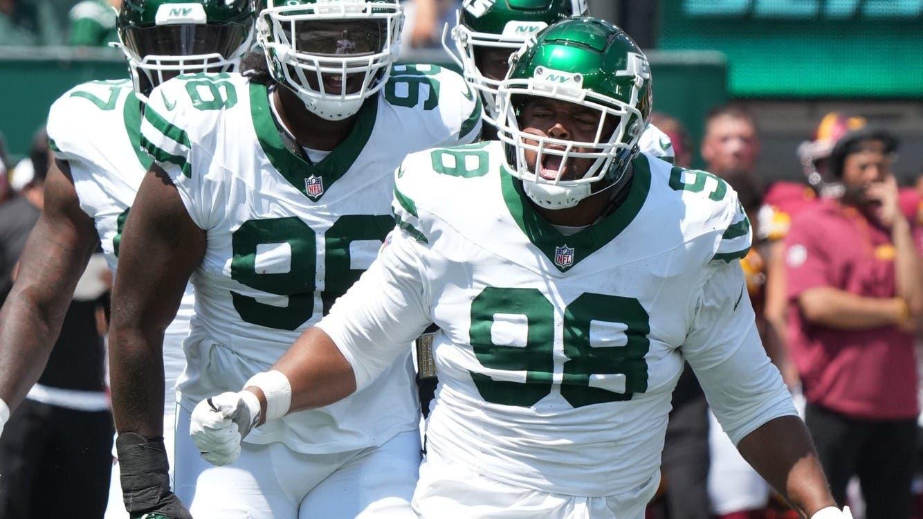 East Rutherford, NJ -- August 10, 2024 -- Bruce Header of the Jets after he sacked Marcus Mariota of the Commanders in the first half as the Washington Commanders came to MetLife Stadium to play the New York Jets in the first press season game of the 2024 season. / Chris Pedota, NorthJersey.com / USA TODAY NETWORK