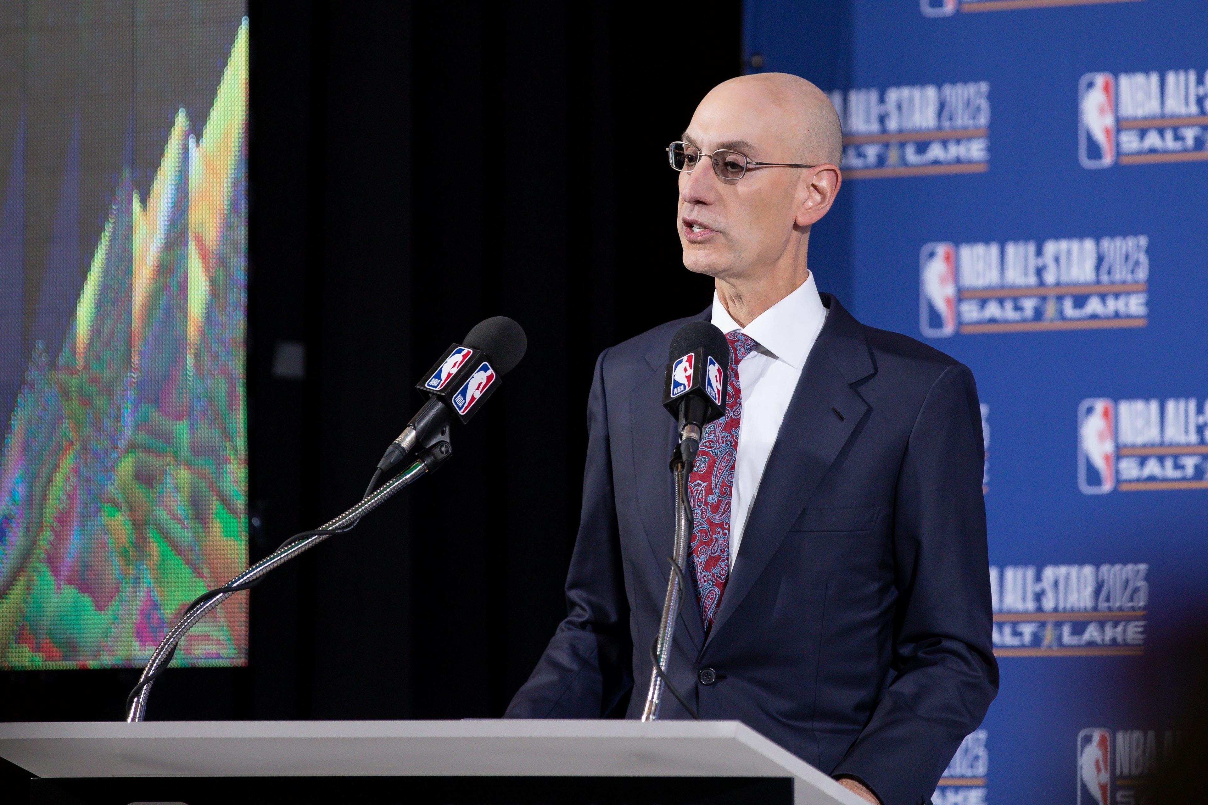 Oct 23, 2019; Salt Lake City, UT, USA; NBA Commissioner Adam Silver speaks to the press during the 2023 NB All-Star announcement at Vivint Smart Home Arena. Mandatory Credit: Chris Nicoll-USA TODAY Sports / Chris Nicoll