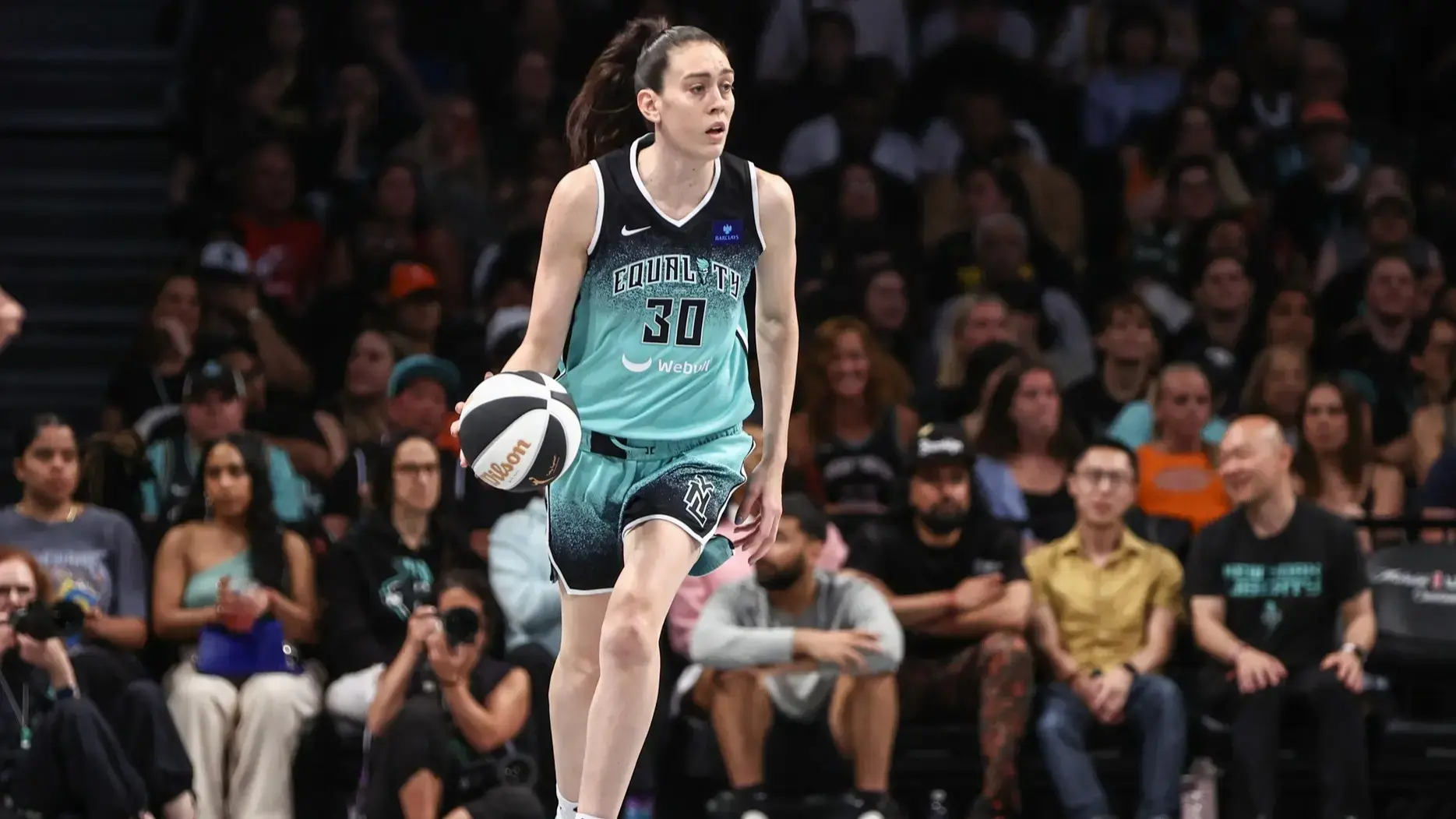 Jun 2, 2024; Brooklyn, New York, USA; New York Liberty forward Breanna Stewart (30) brings the ball up court in the third quarter against the Indiana Fever at Barclays Center. / Wendell Cruz-USA TODAY Sports
