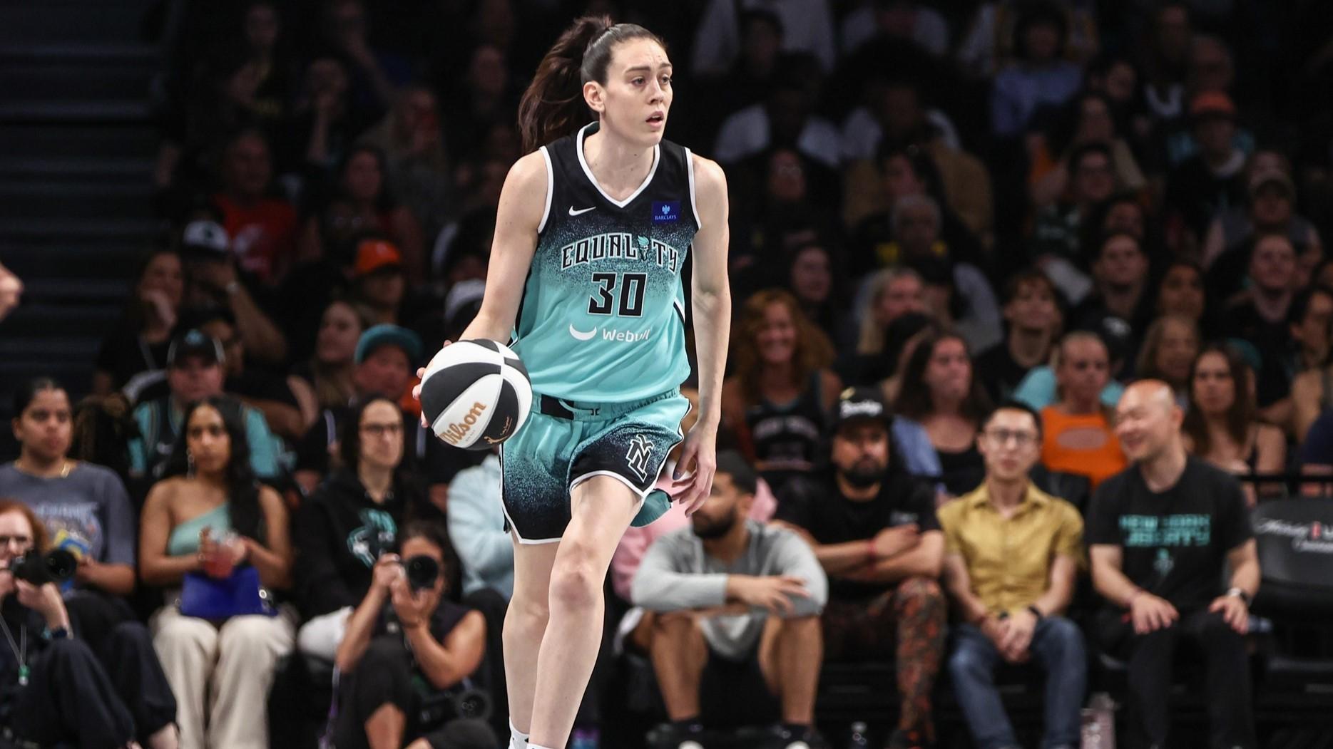 Jun 2, 2024; Brooklyn, New York, USA; New York Liberty forward Breanna Stewart (30) brings the ball up court in the third quarter against the Indiana Fever at Barclays Center. / Wendell Cruz-USA TODAY Sports