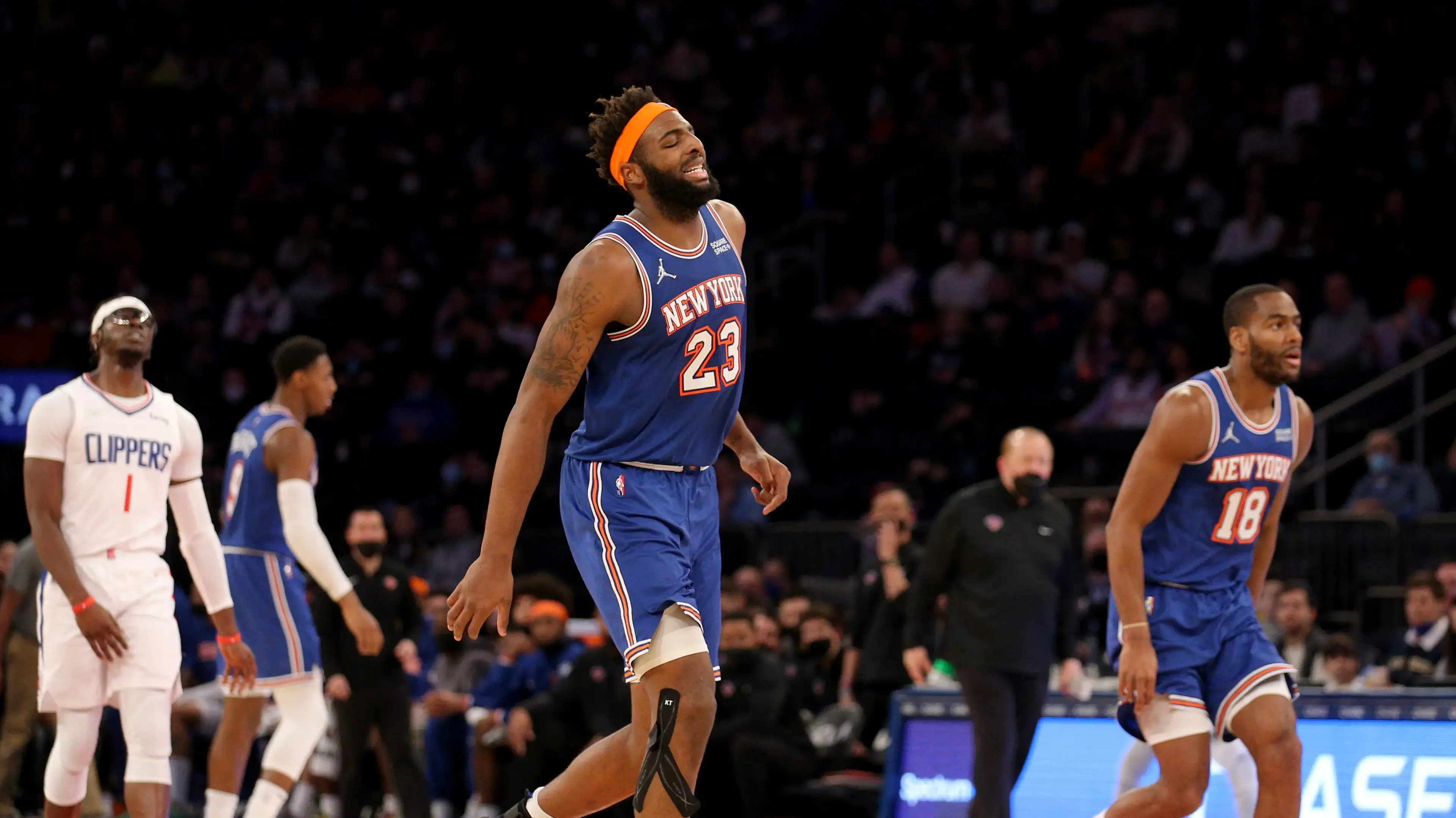 Jan 23, 2022; New York, New York, USA; New York Knicks center Mitchell Robinson (23) reacts after an injury during the third quarter against the Los Angeles Clippers at Madison Square Garden. Mandatory Credit: Brad Penner-USA TODAY Sports / © Brad Penner-USA TODAY Sports
