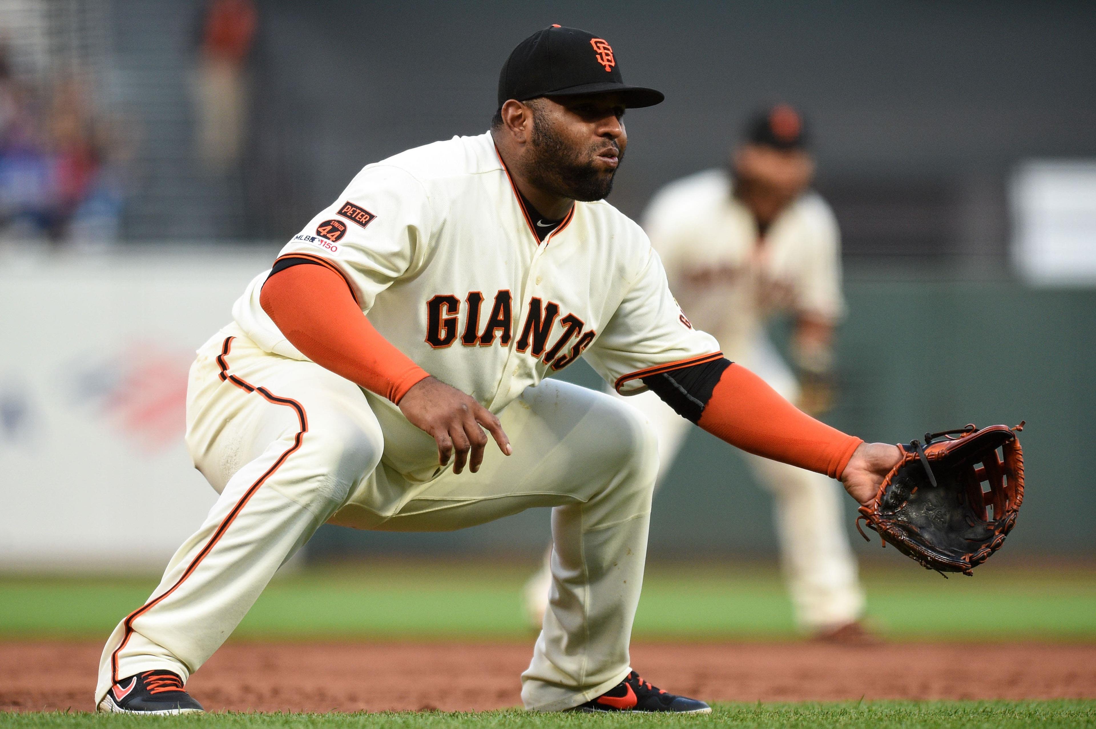 Aug 5, 2019; San Francisco, CA, USA; San Francisco Giants third baseman Pablo Sandoval (48) in a defensive stance during the game against the Washington Nationals at Oracle Park. Mandatory Credit: Cody Glenn-USA TODAY Sports / Cody Glenn