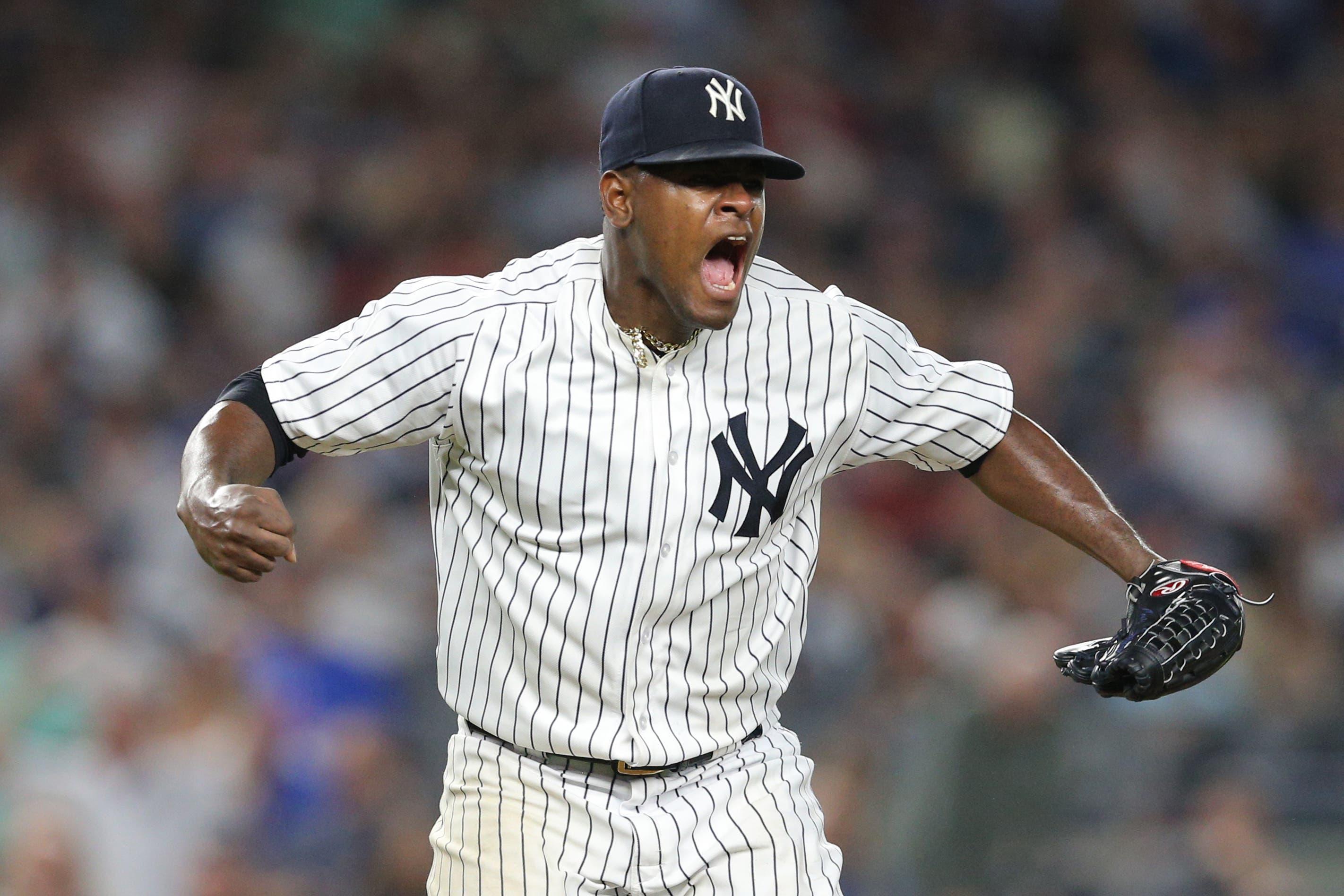 Sep 19, 2018; Bronx, NY, USA; New York Yankees starting pitcher Luis Severino (40) reacts after the top of the seventh inning against the Boston Red Sox at Yankee Stadium. Mandatory Credit: Brad Penner-USA TODAY Sports / Brad Penner