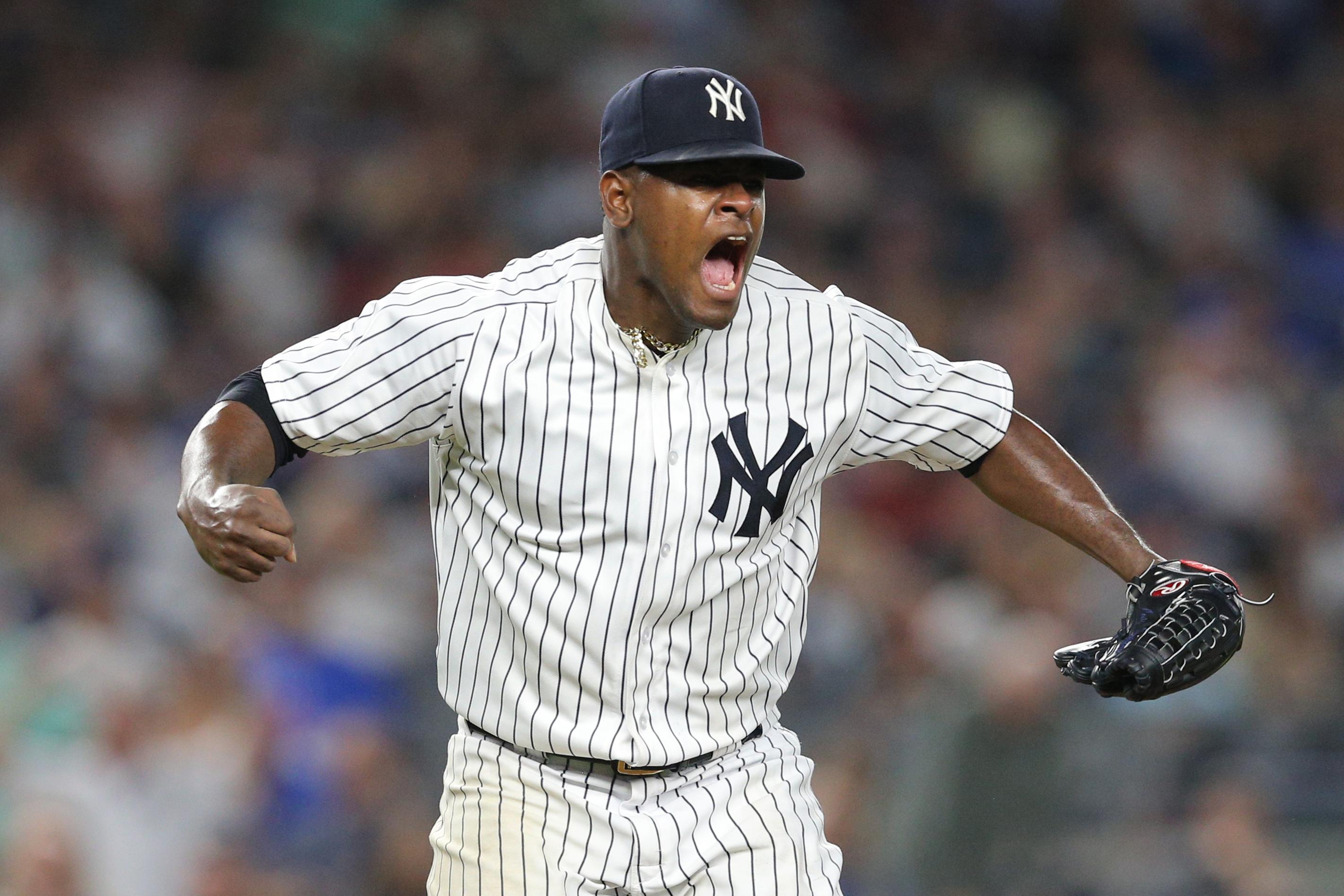 Sep 19, 2018; Bronx, NY, USA; New York Yankees starting pitcher Luis Severino (40) reacts after the top of the seventh inning against the Boston Red Sox at Yankee Stadium. Mandatory Credit: Brad Penner-USA TODAY Sports