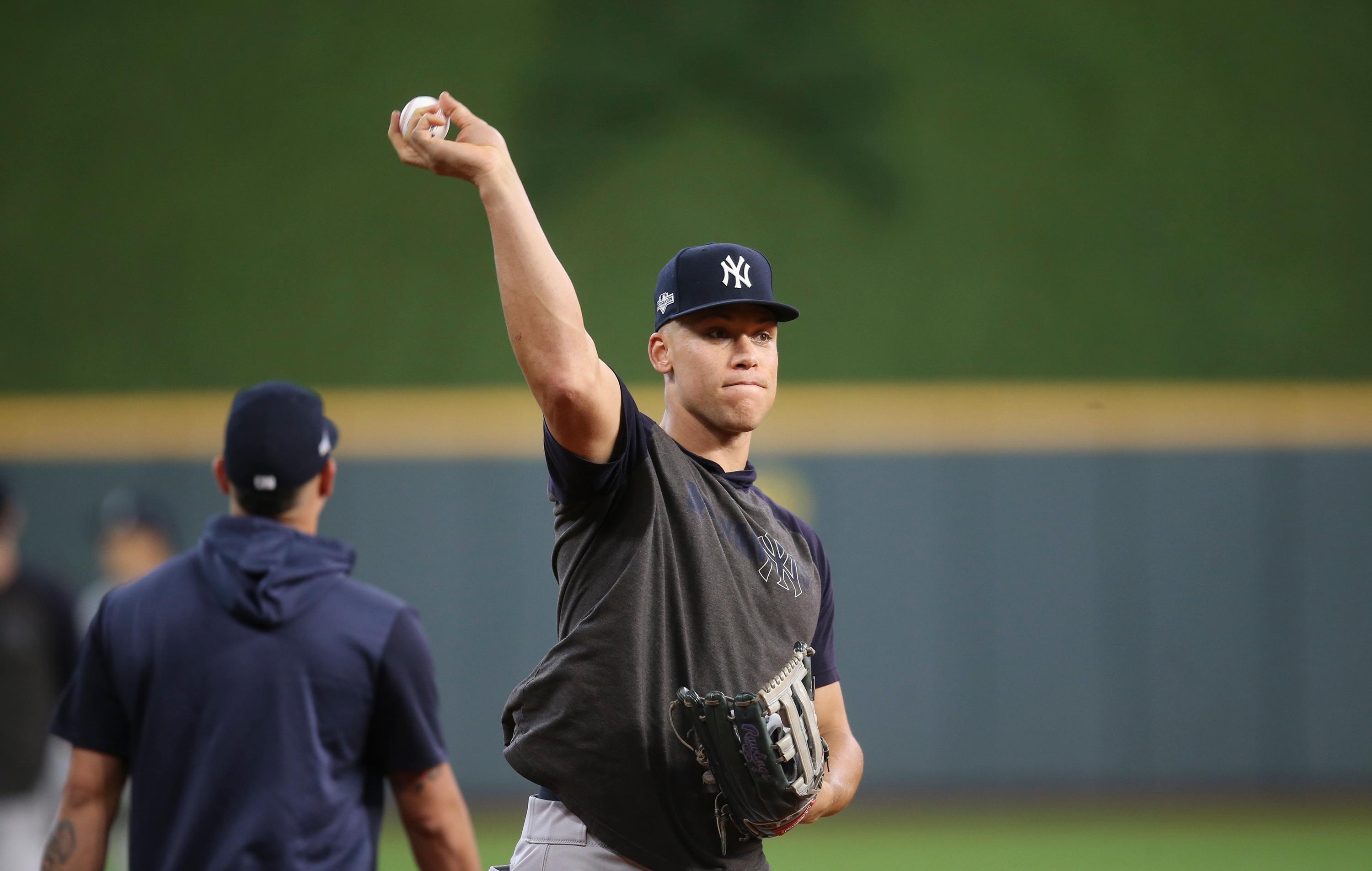 Oct 11, 2019; Houston, TX, USA; New York Yankees right fielder Aaron Judge (99) warms up while the New York Yankees work out at Minute Maid Park. Mandatory Credit: Thomas B. Shea-USA TODAY Sports